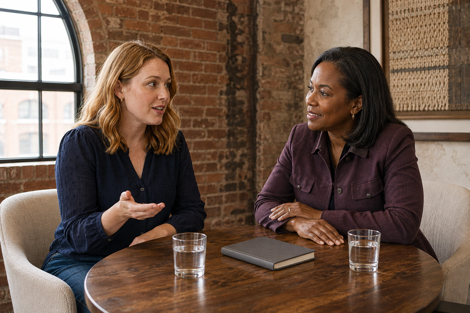 Two women talking together at a table.
