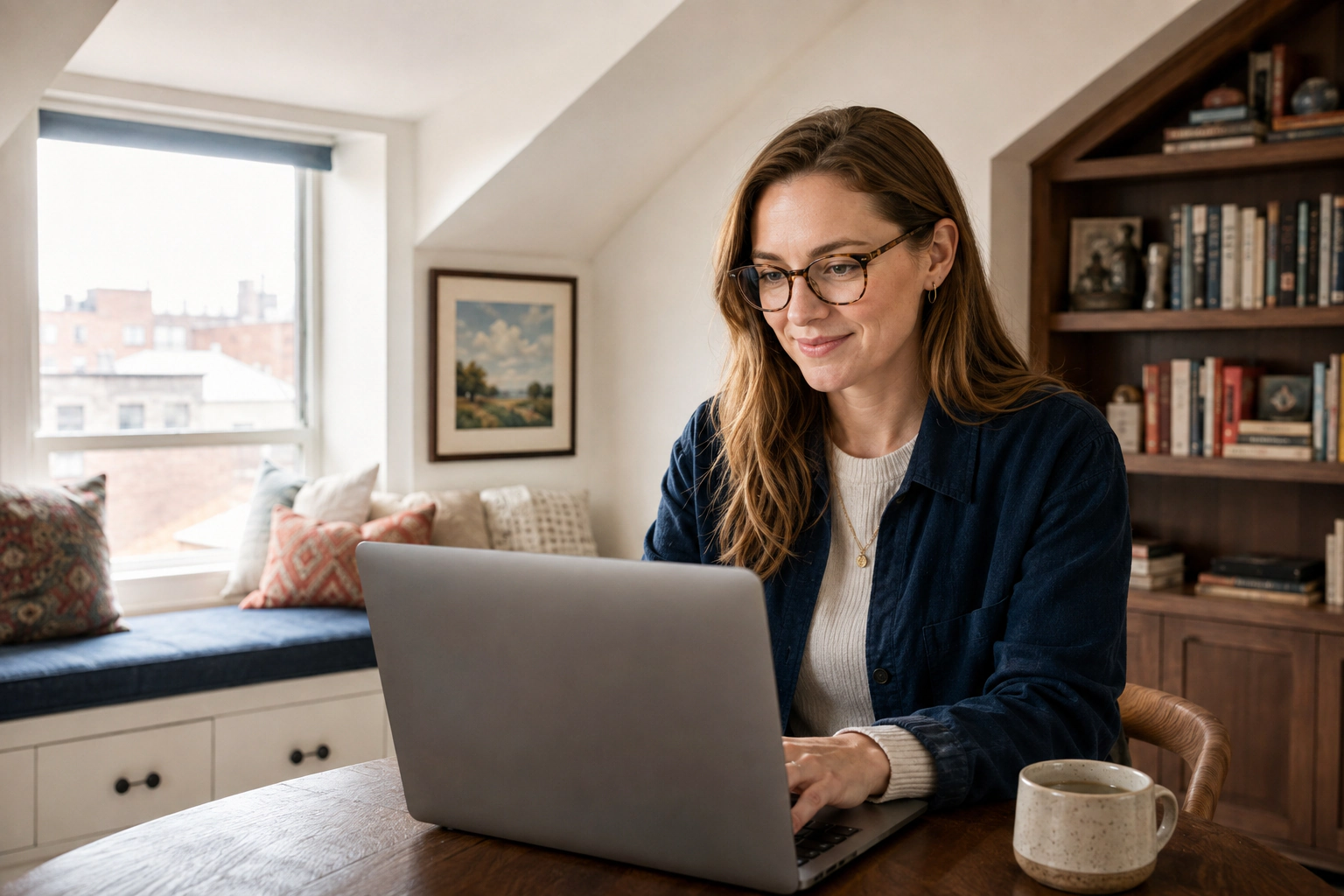 A woman with glasses using a laptop at a wooden table beside a window.
