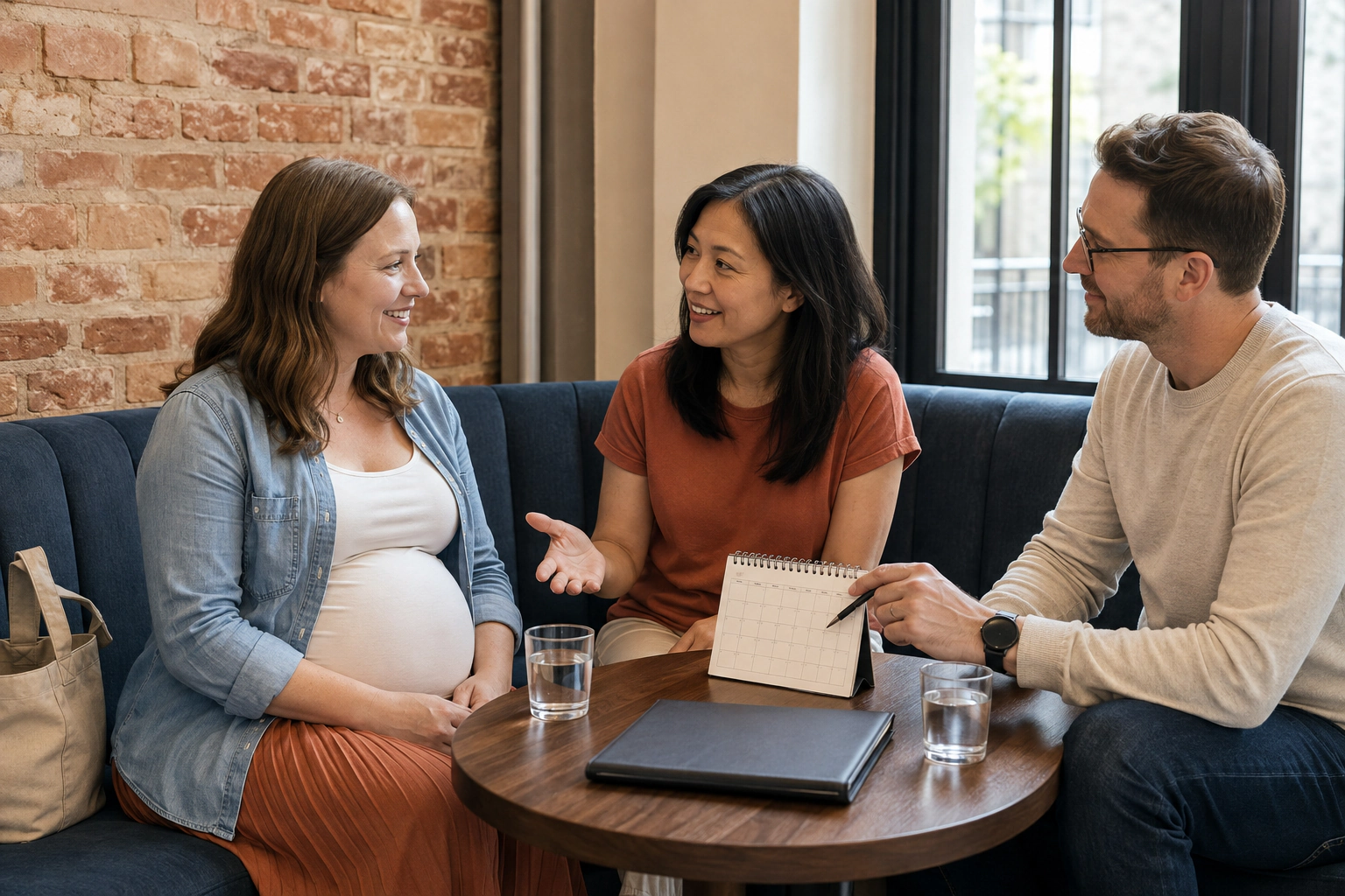 Three adults, including a pregnant woman, discussing a calendar around a coffee table.