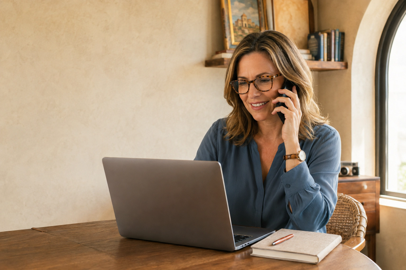 A woman with glasses speaking on a phone beside an open laptop at a sunlit desk.