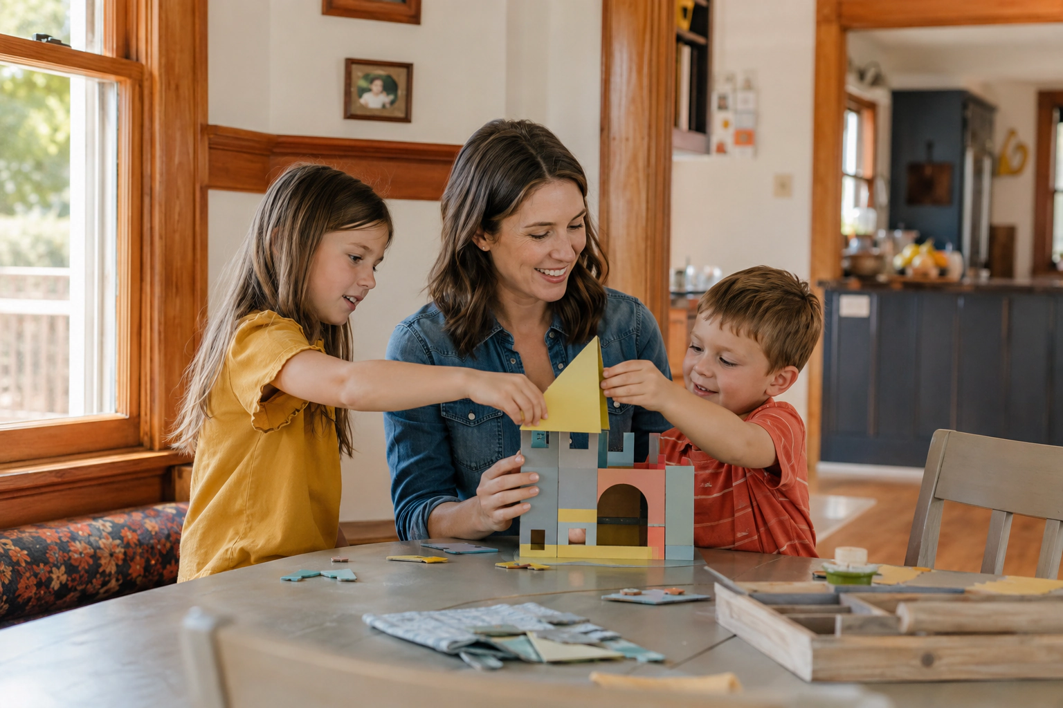 A mother and two children smiling while building a paper house at a kitchen table.