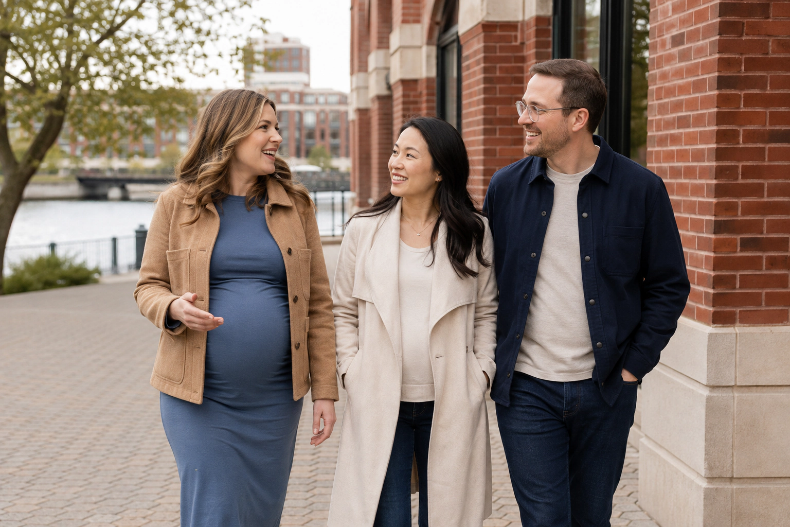 Three adults smiling together beside a brick building and a riverfront walkway.