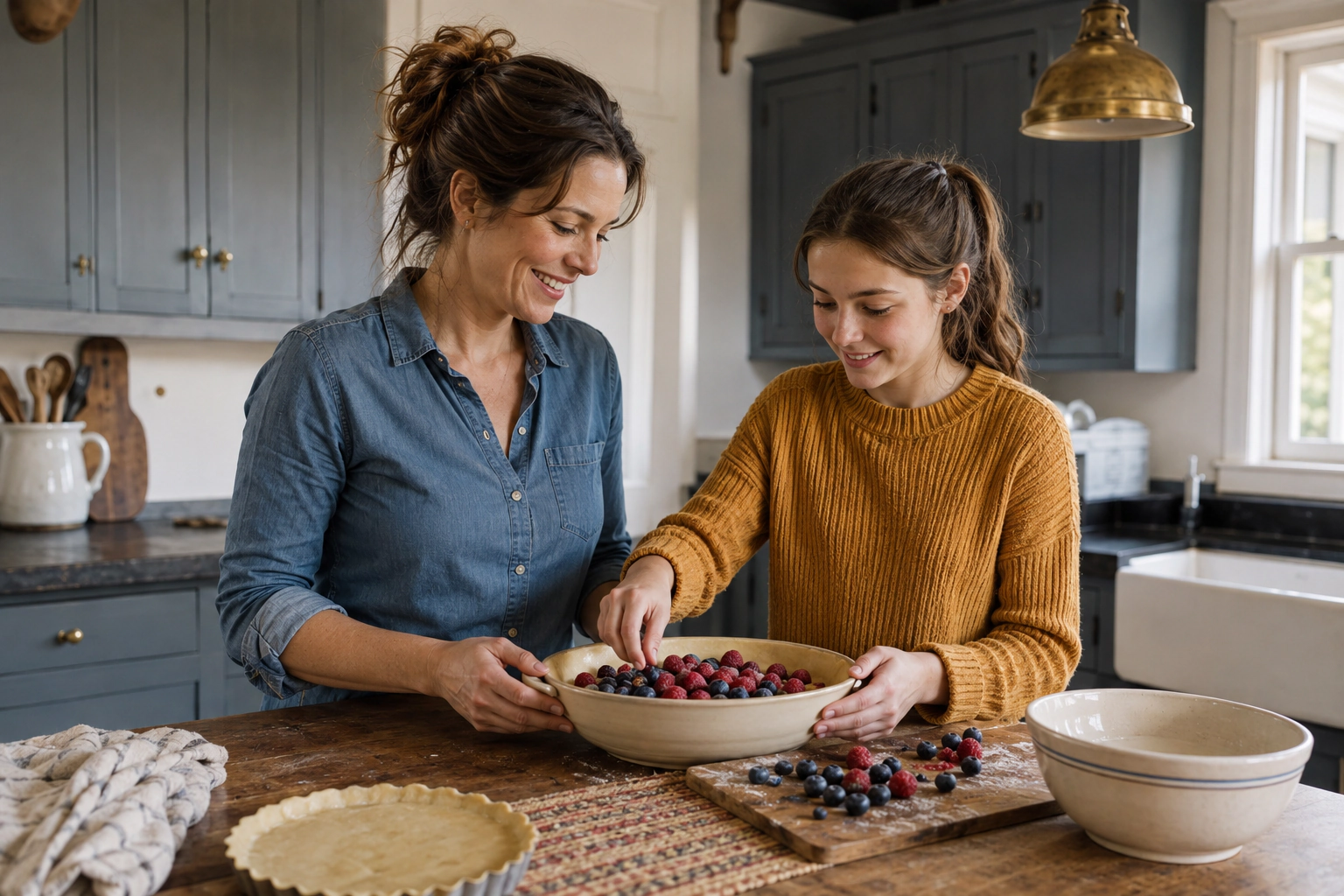 A mother and daughter preparing a fruit tart together in a kitchen.