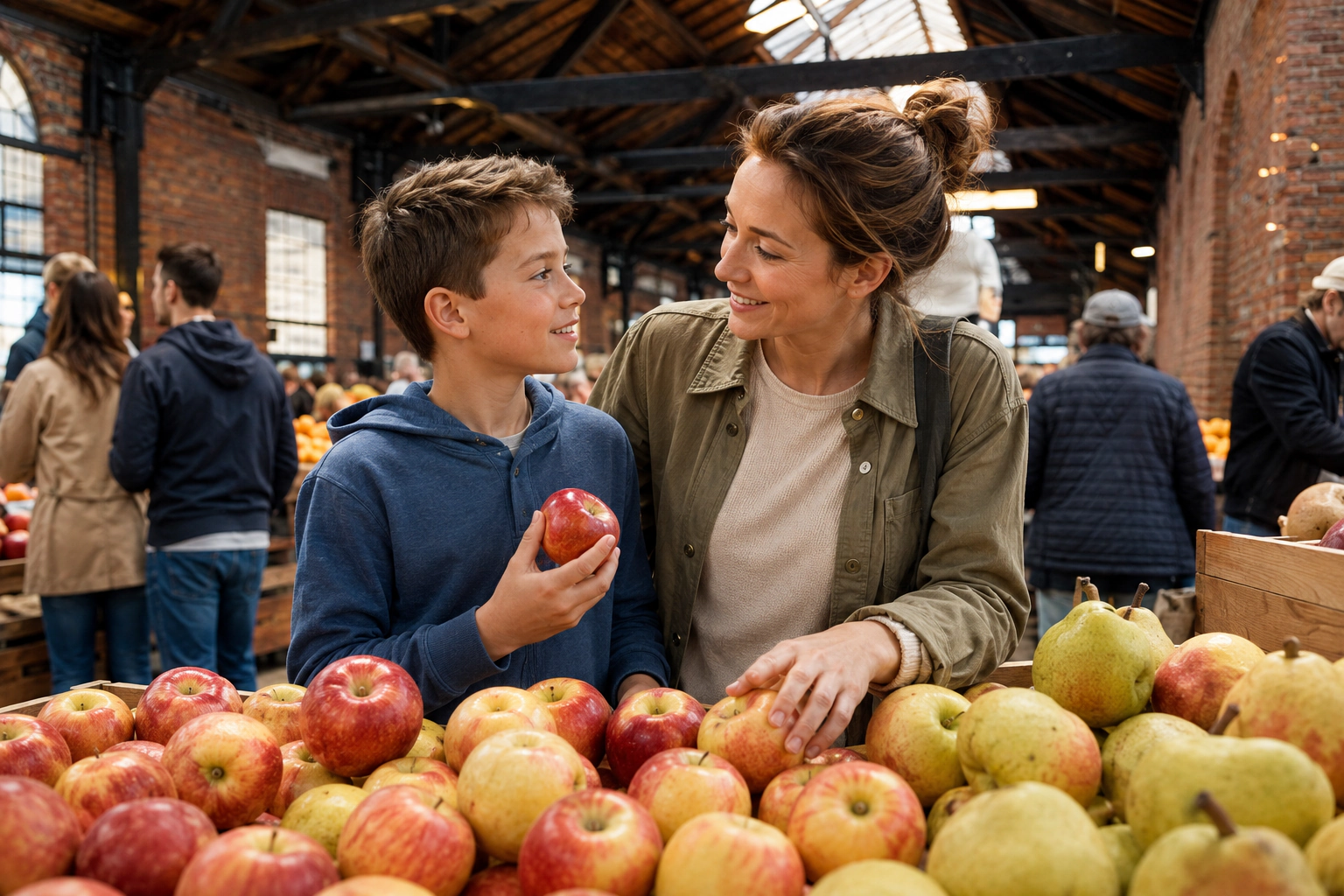 A mother and her son choosing apples together at an indoor market.
