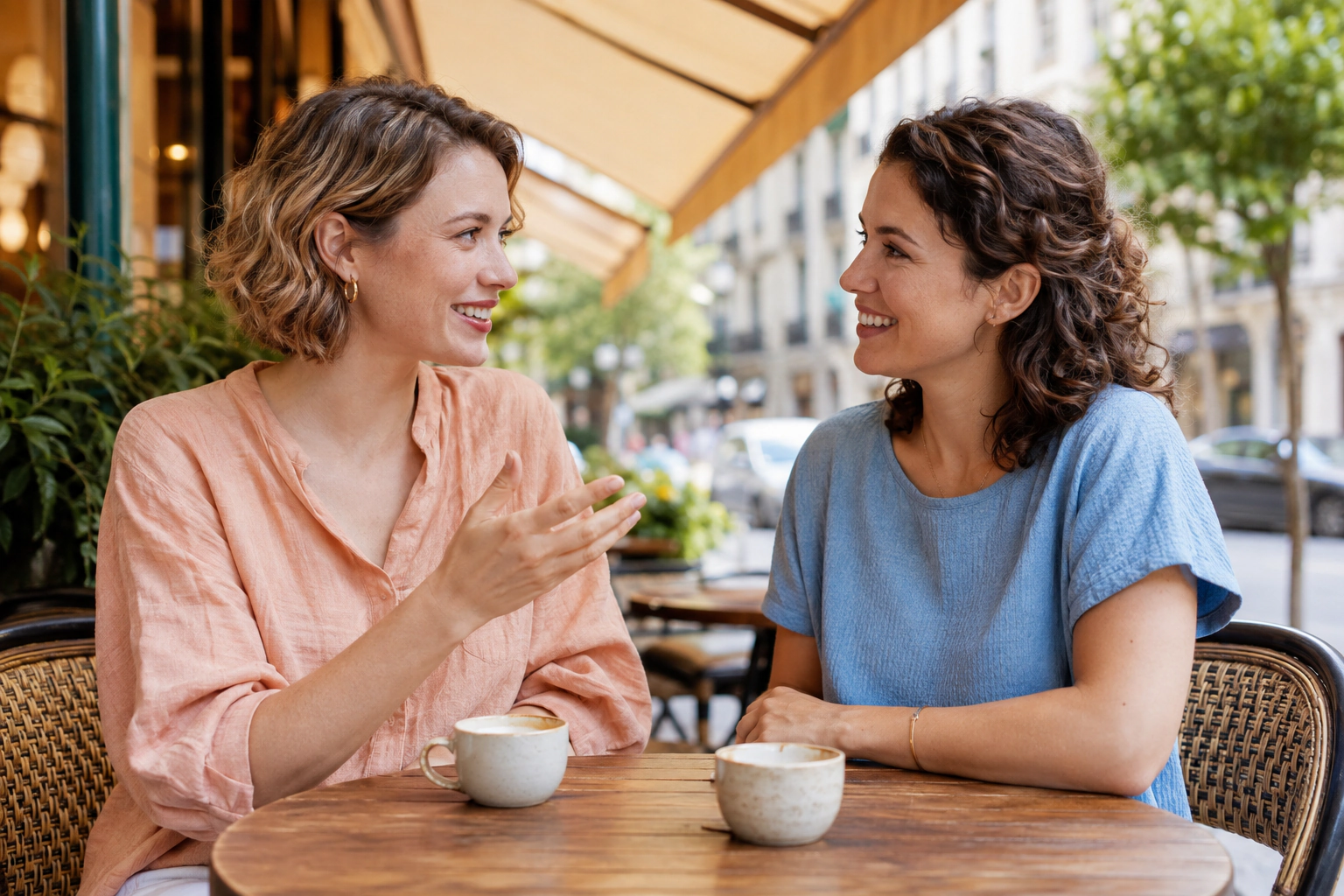 Two friends smiling together at an outdoor cafe table.