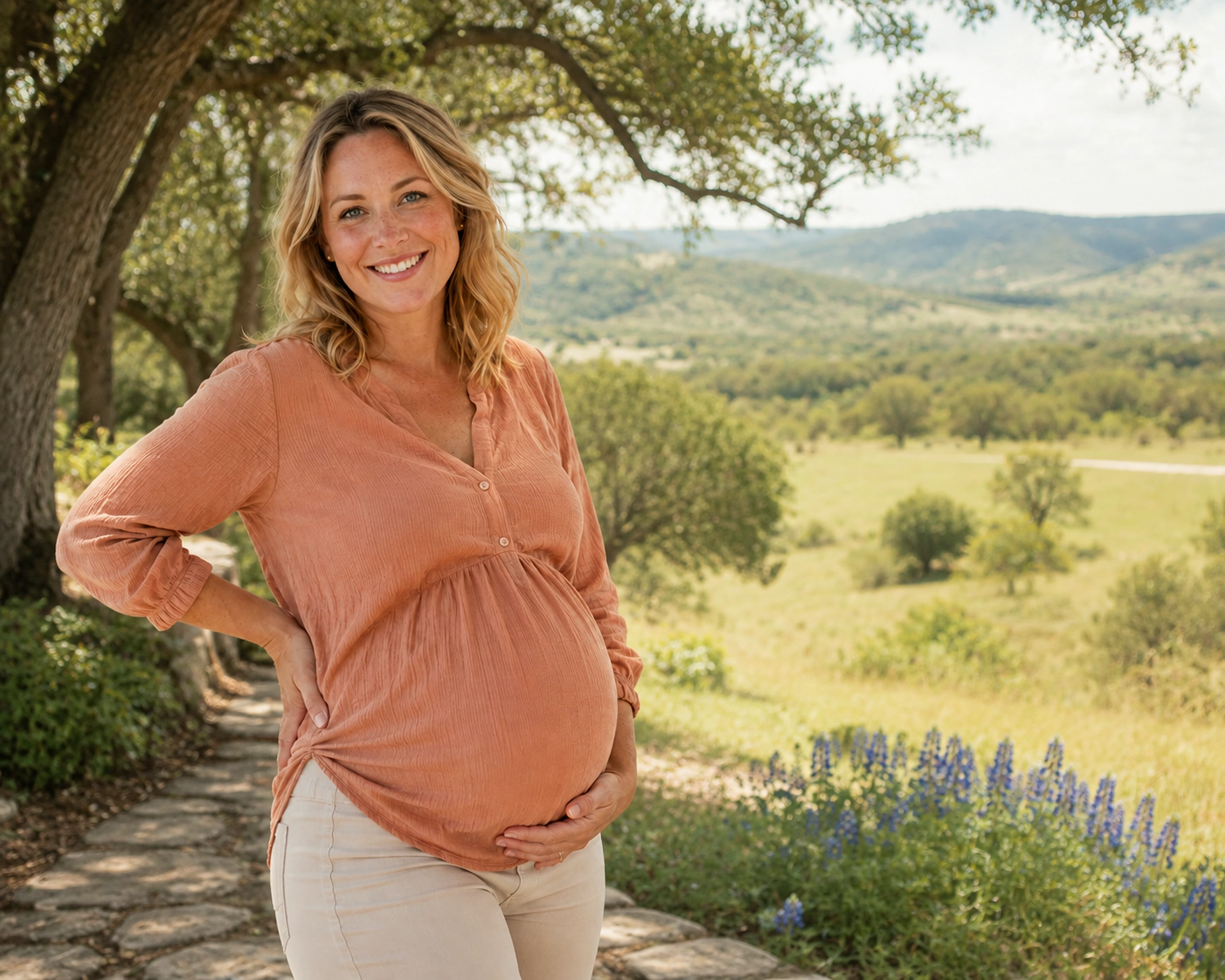 A smiling pregnant woman beside a decorative outline of Texas.