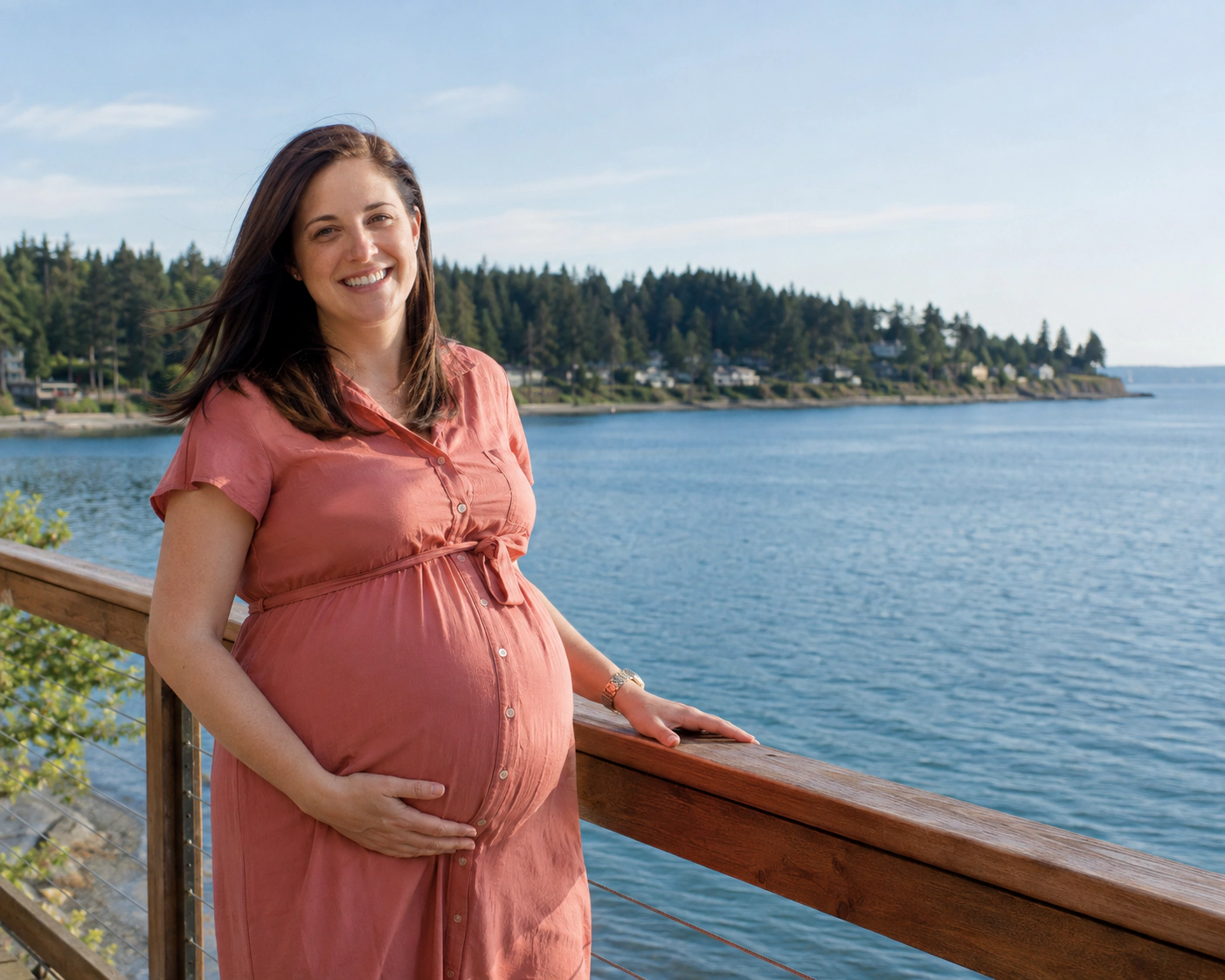 A smiling pregnant woman beside a decorative outline of Washington.