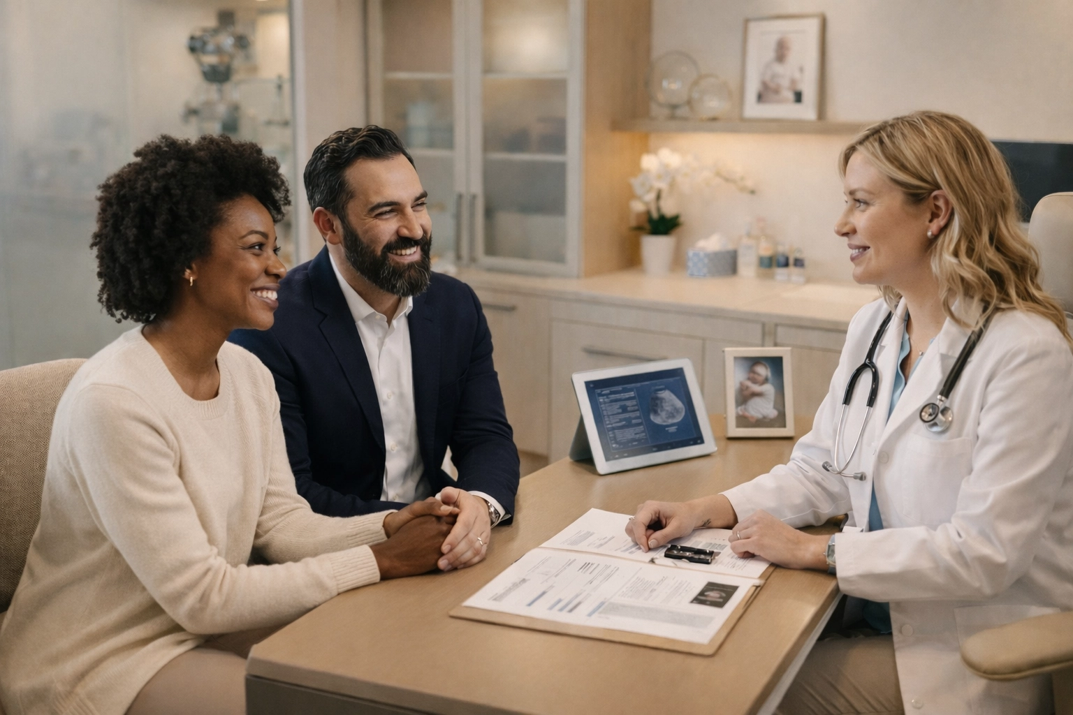 Intended Parents meeting with an IVF physician while comparing clinics for surrogacy.