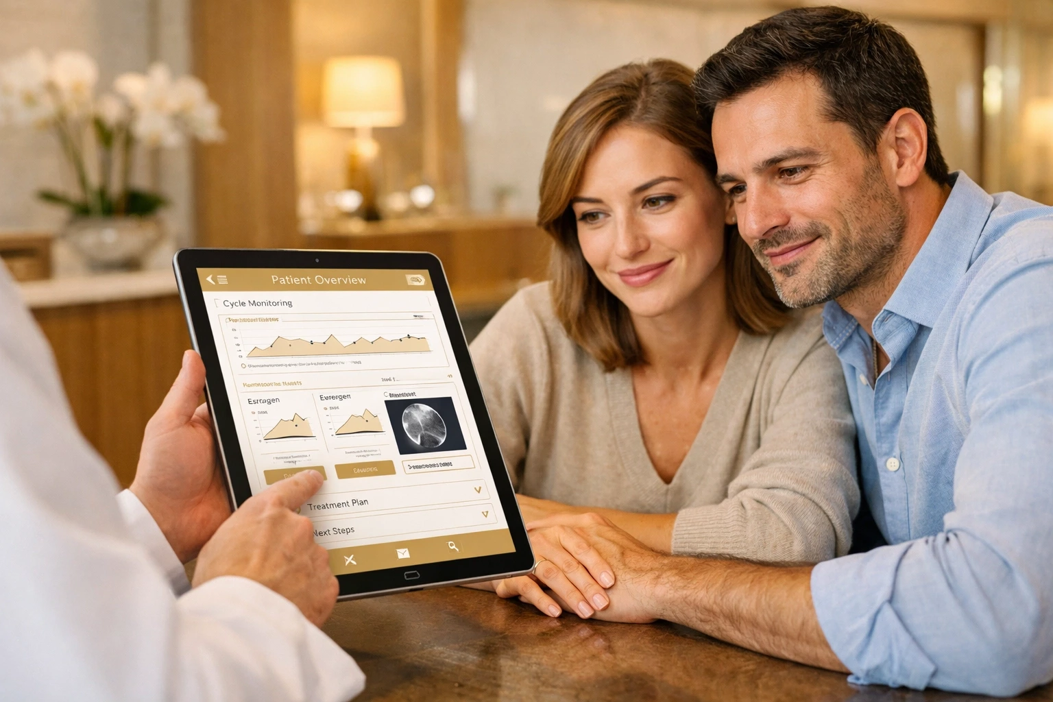 Intended Parents reviewing costs and medical data at a fertility clinic for surrogacy.