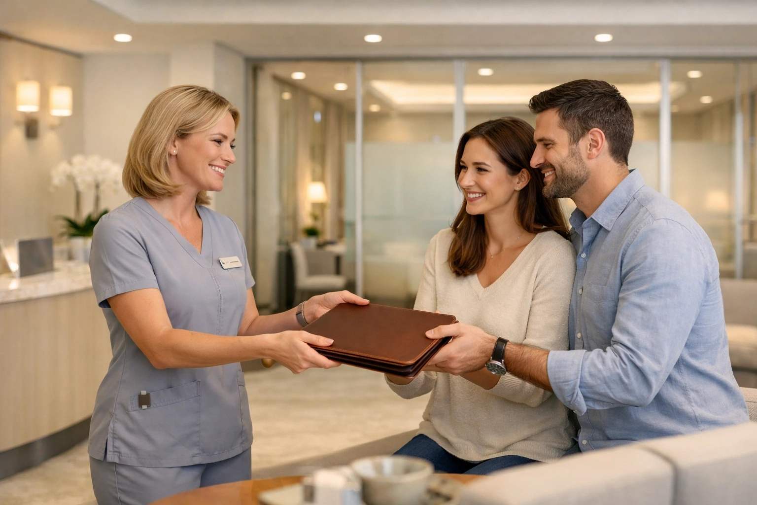 A nurse coordinator handing a surrogacy information packet to Intended Parents in a professional clinic.