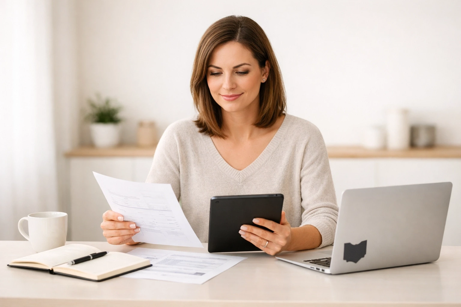 Ohio Surrogate reviewing compensation planning documents on a tablet in a bright modern setting