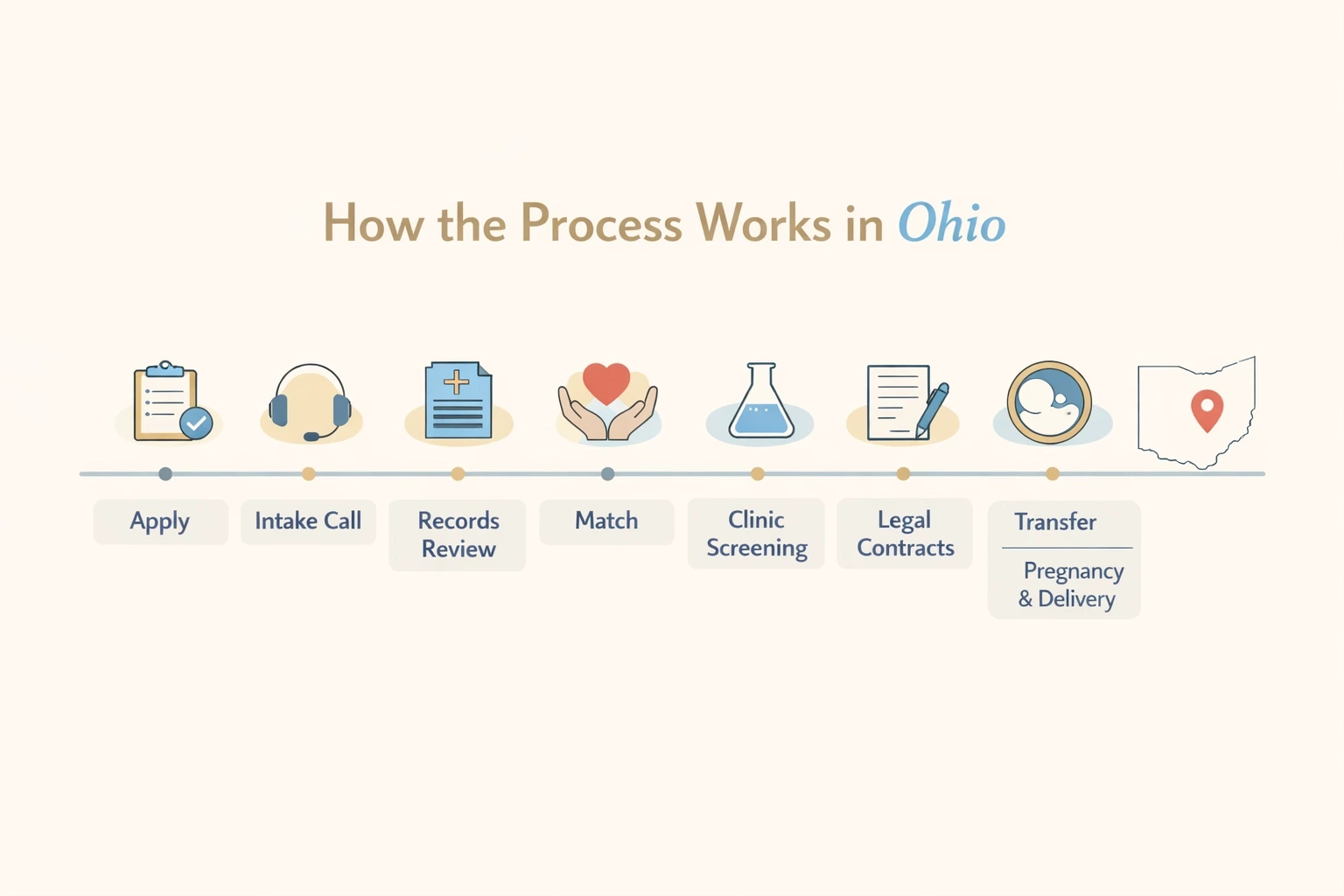 Ohio surrogacy process steps shown in a clean horizontal timeline illustration