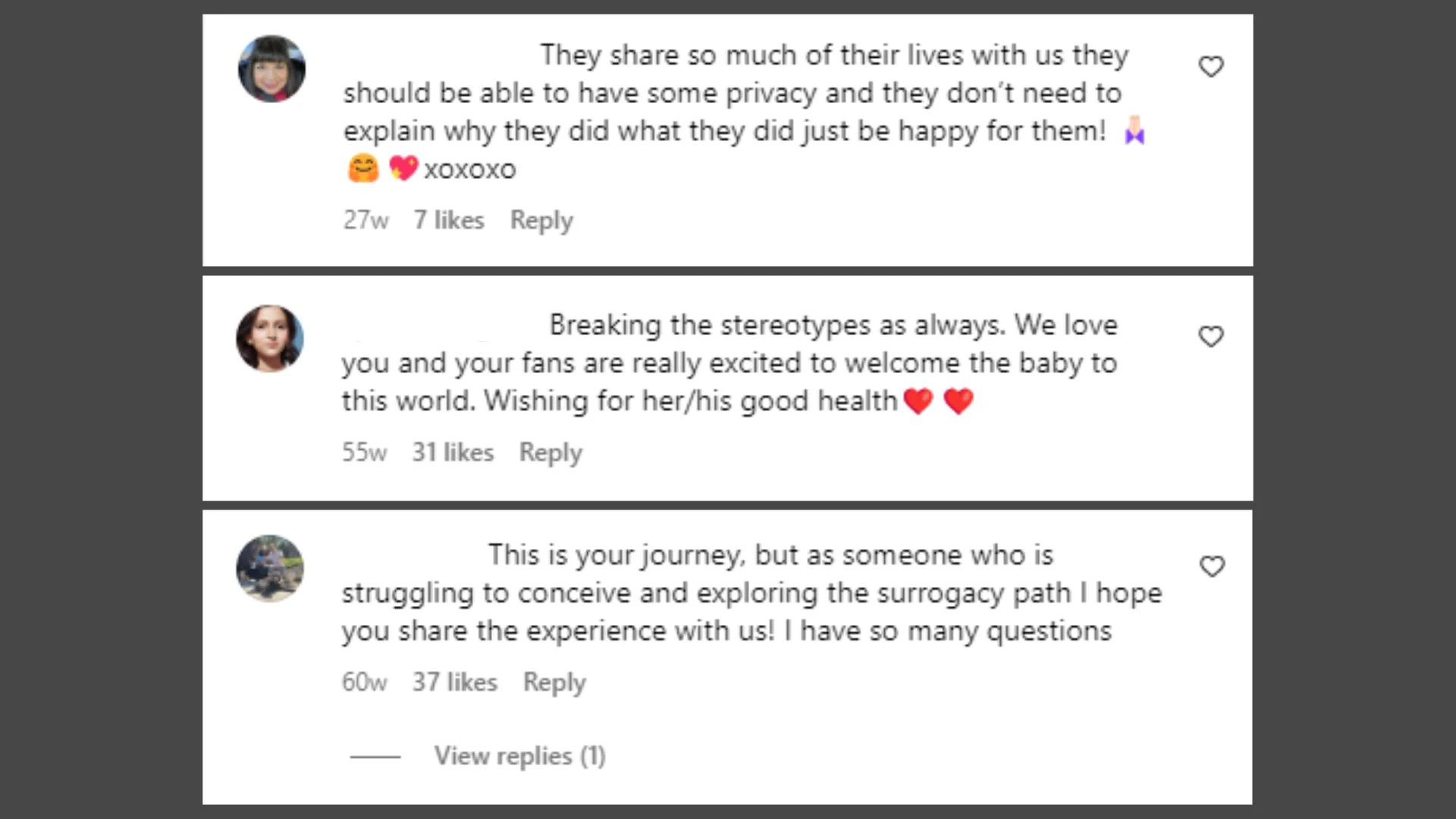 Three positive comments left on public figures' Instagram accounts after they announced their child who was delivered via surrogacy.