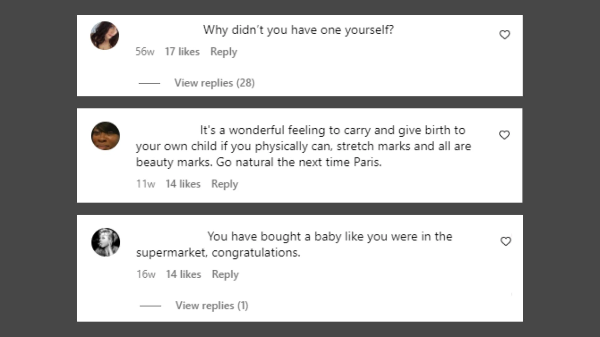 Three negative comments left on public figures' Instagram accounts after they announced their child who was delivered via surrogacy.