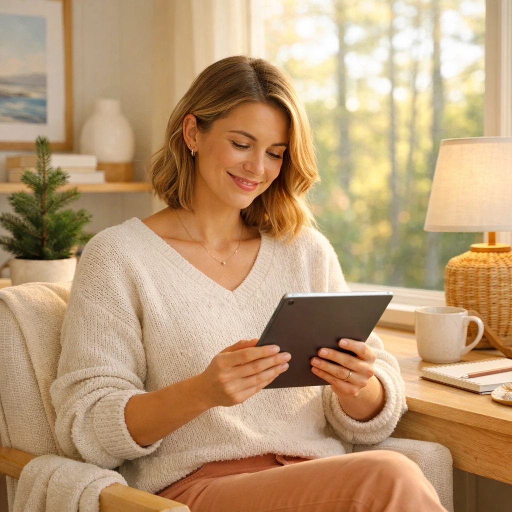 A woman in Maine smiling while reviewing her surrogacy compensation package and benefits.