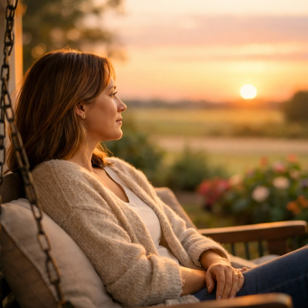 A peaceful Kansas Surrogate on a porch swing, representing financial security and surrogacy insurance peace of mind.