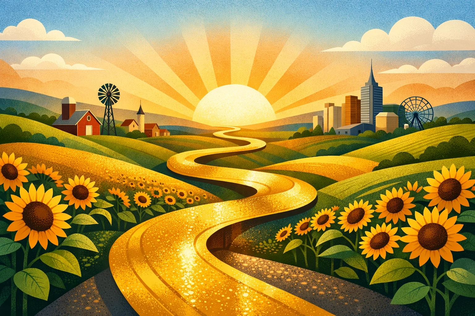 A golden path through Kansas sunflowers symbolizing a clear, protected, and ethical surrogacy journey.