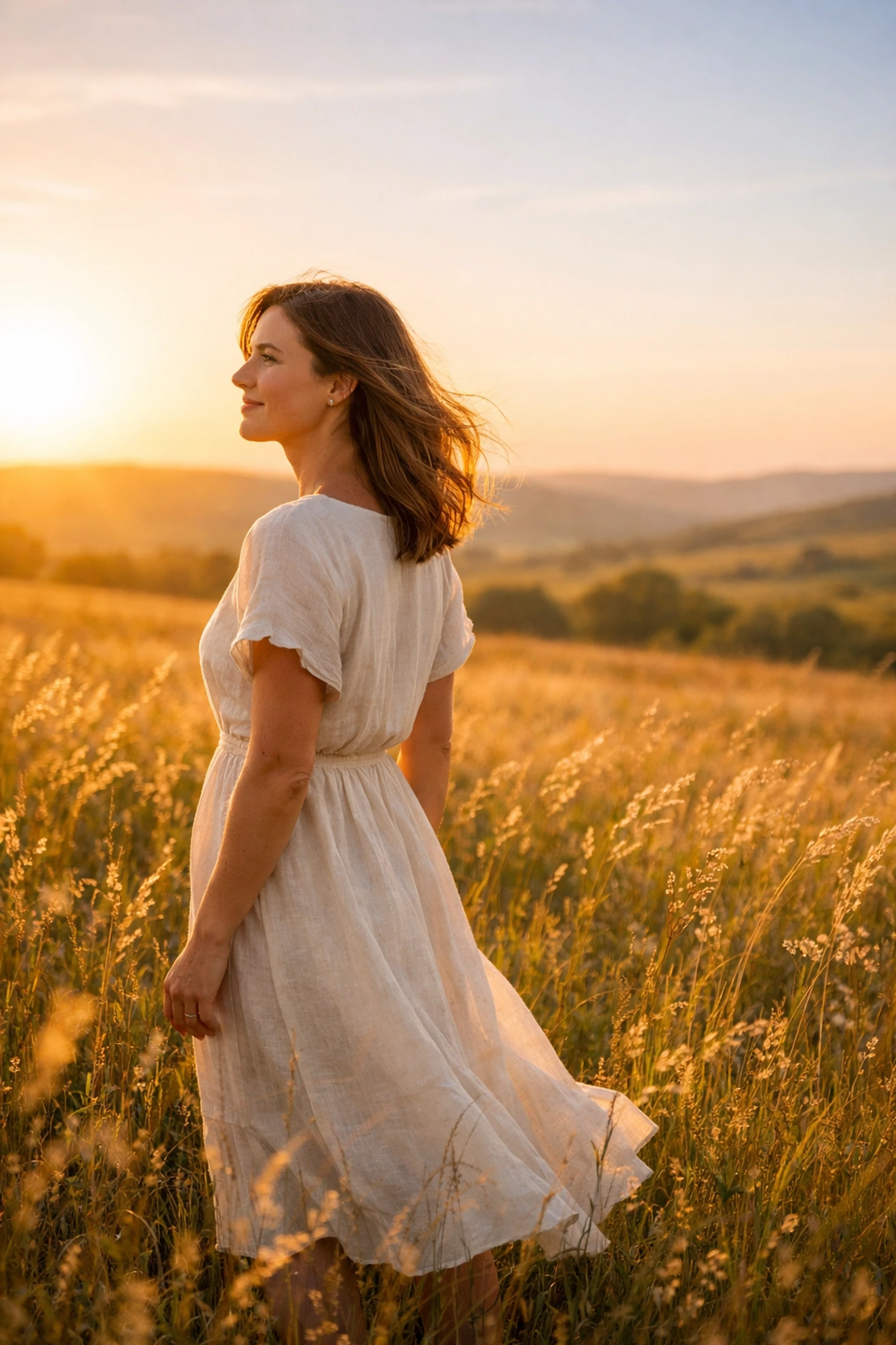 Empowered woman in a Kansas meadow reflecting on her journey as a gestational Surrogate.