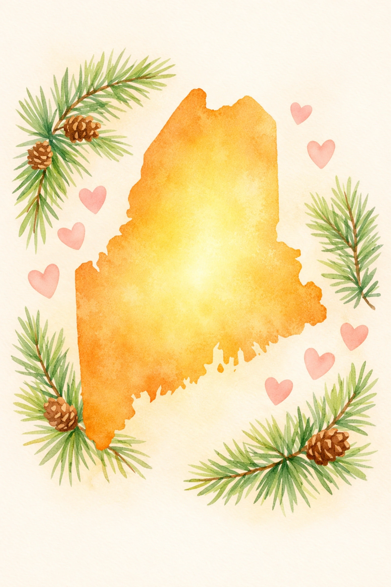 Watercolor map of Maine representing the legal framework and protections for gestational surrogates.