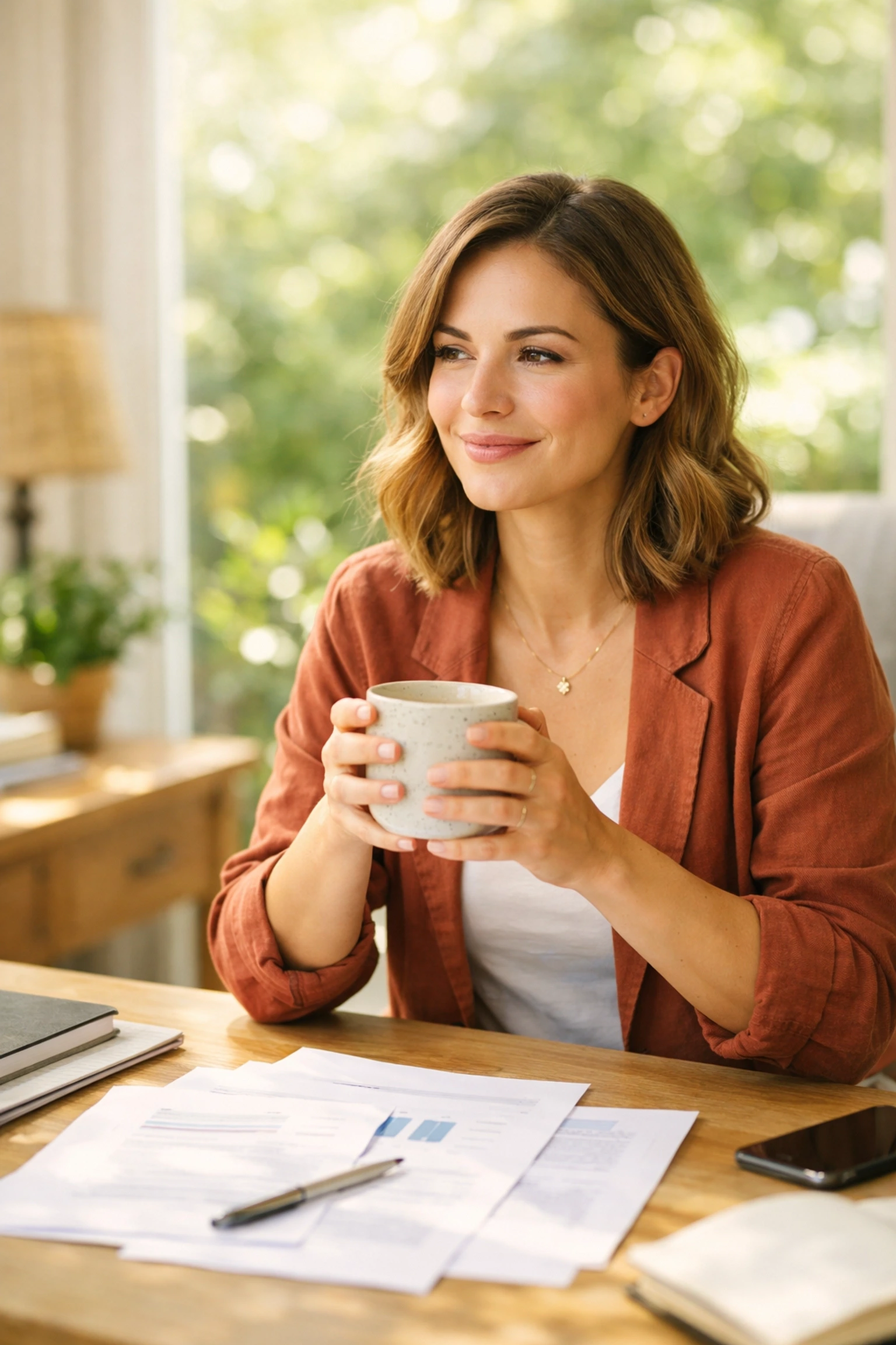 A Maine surrogate confidently reviewing her legal contract under the state