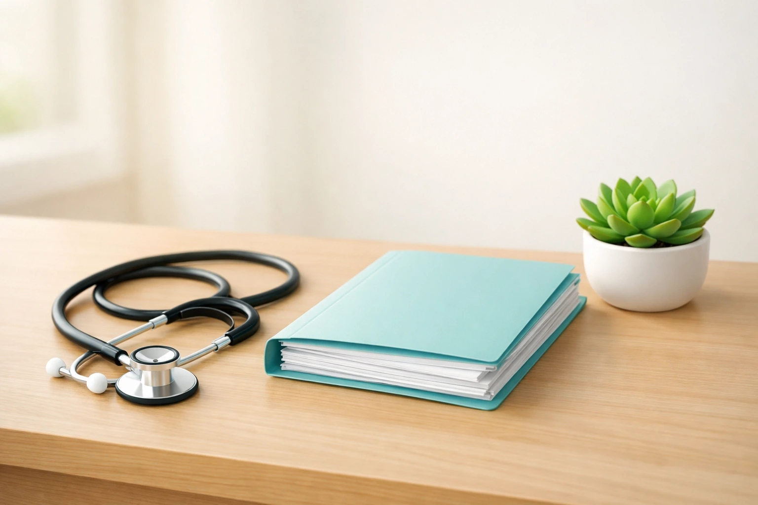 Stethoscope and medical folders prepared for a Maine surrogate clinic screening and records review.