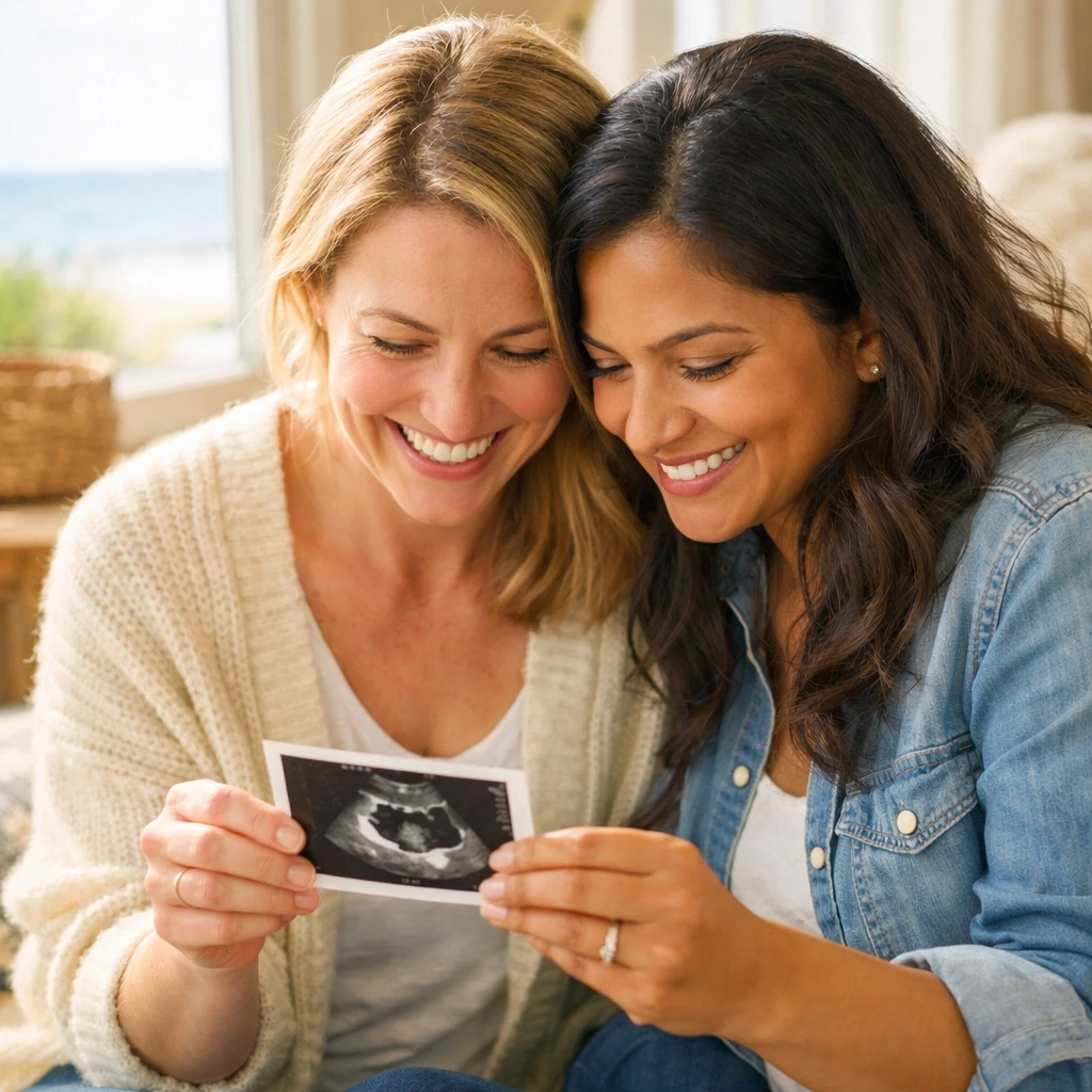 Two women smiling at a sonogram, showcasing the trust and security of structured Maine surrogate pay packages.