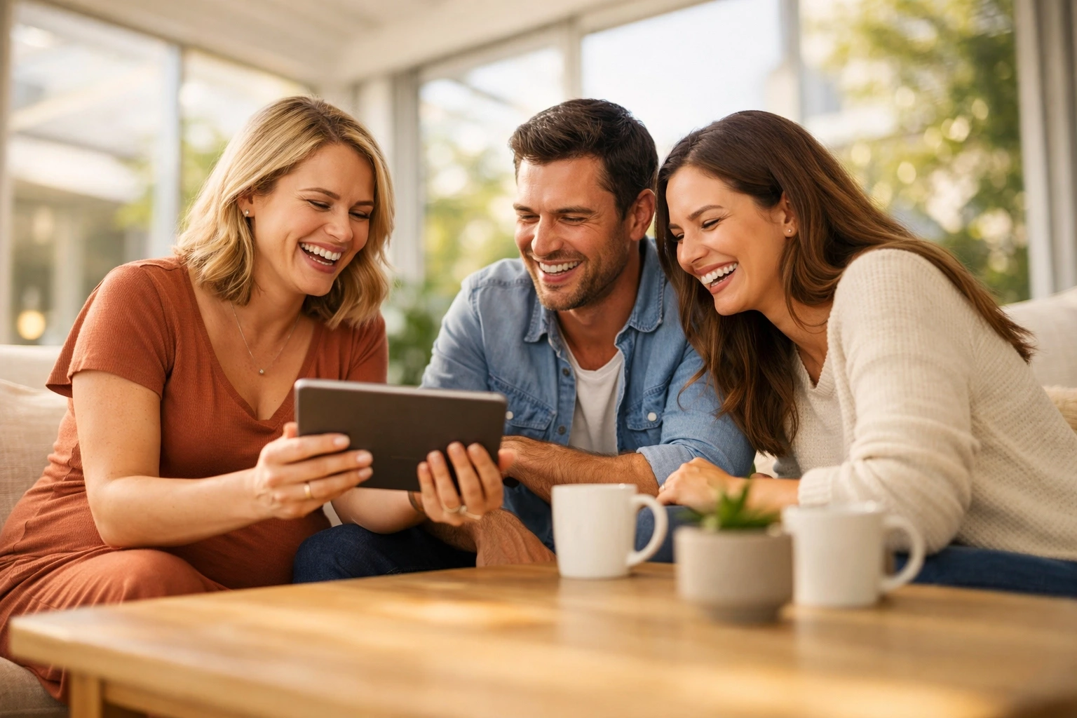 Intended Parents and their Surrogate happily reviewing surrogacy escrow details on a tablet.