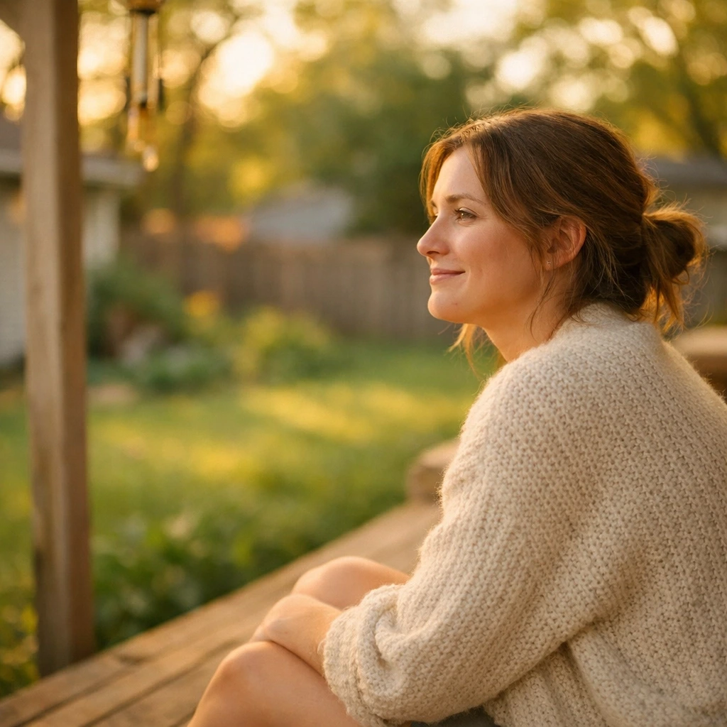Content woman in Kansas enjoying a peaceful moment, reflecting on the security of surrogate compensation.