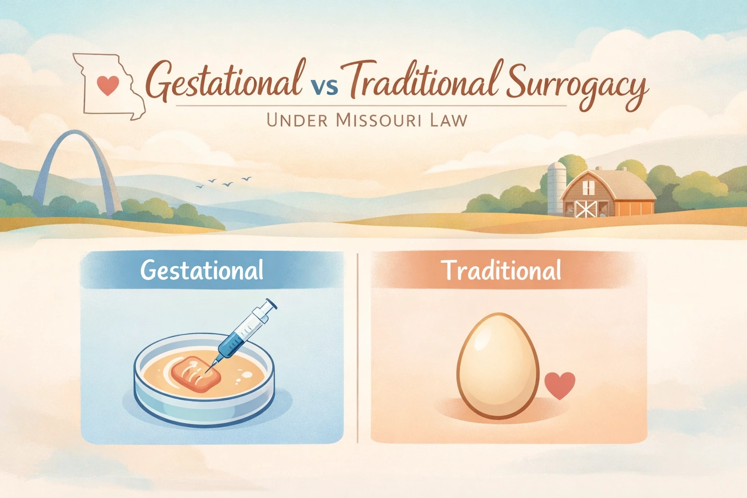 Warm comparison graphic showing gestational vs traditional surrogacy in Missouri, with two side-by-side panels and gentle icons.