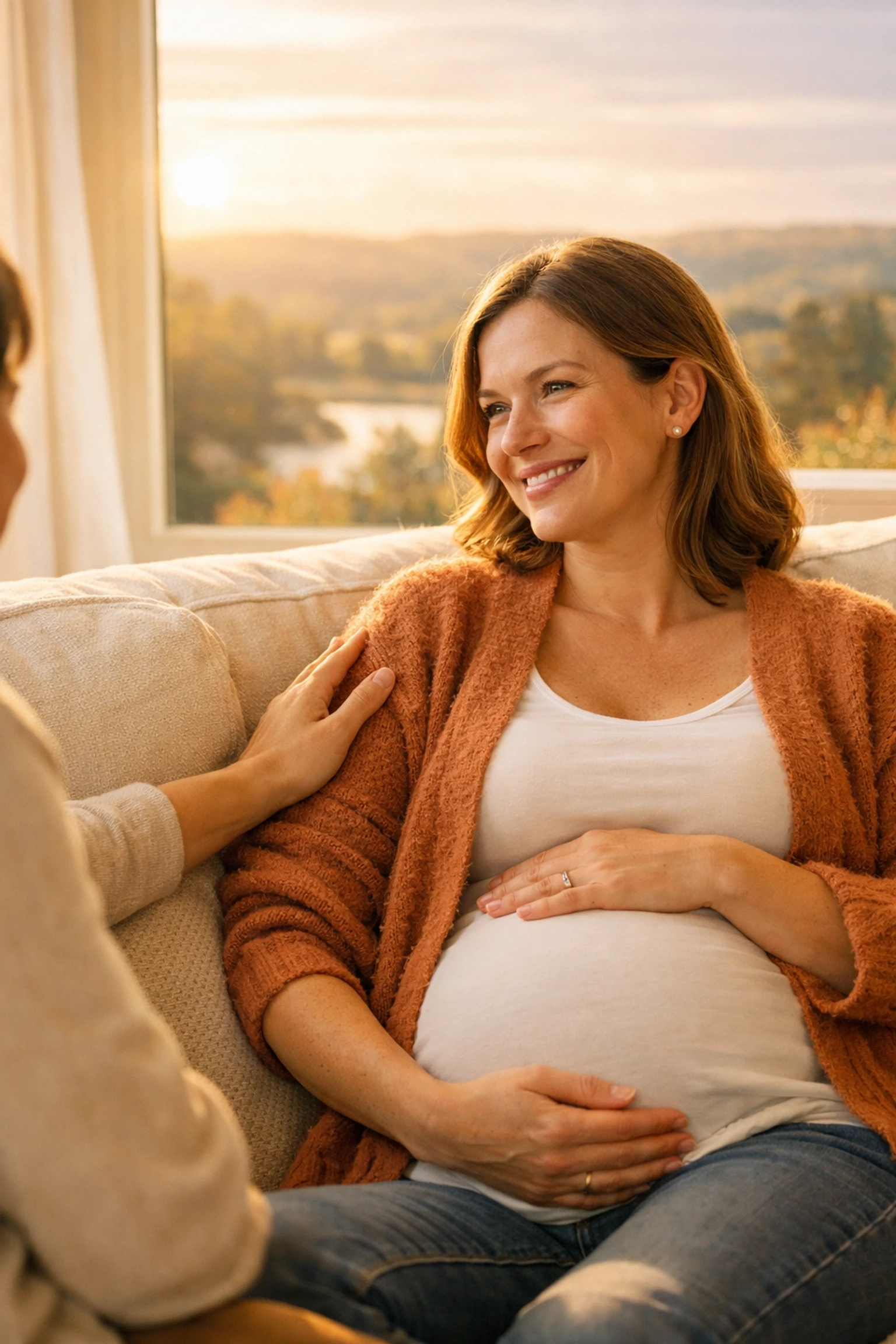 A pregnant surrogate in Missouri enjoying a supportive moment in a bright living room, symbolizing legal security.