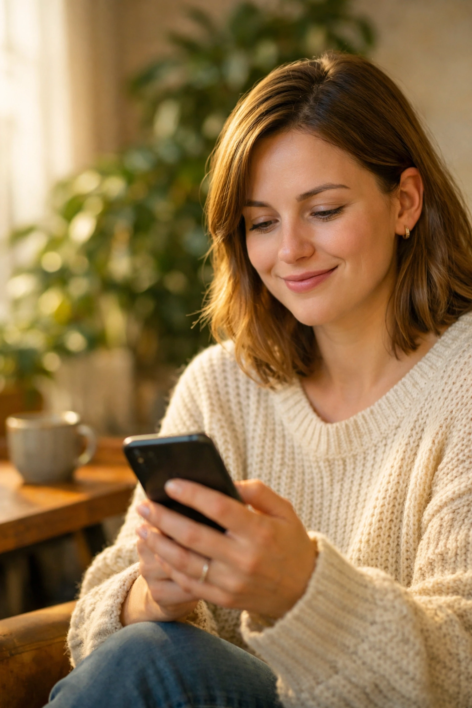 A smiling surrogate in Missouri receiving support updates during the clinic screening and medical evaluation process.