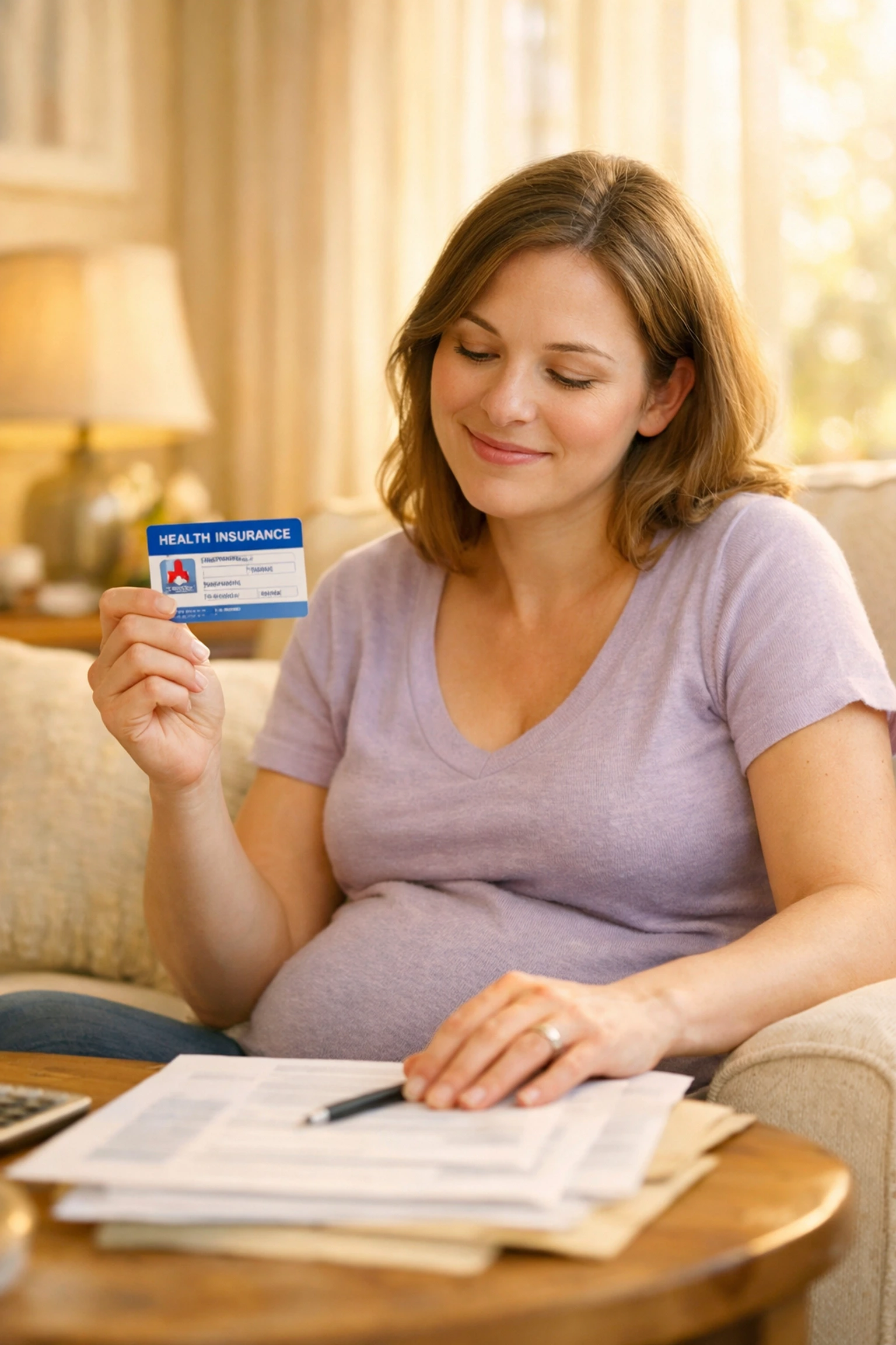 Pregnant surrogate reviewing health insurance documents with peace of mind