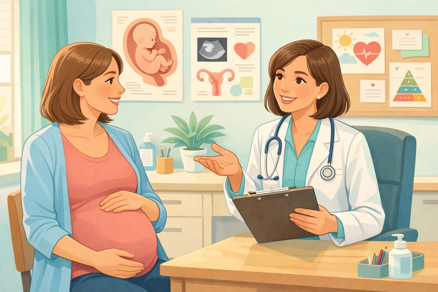 Pregnant surrogate consulting with doctor about medical decisions