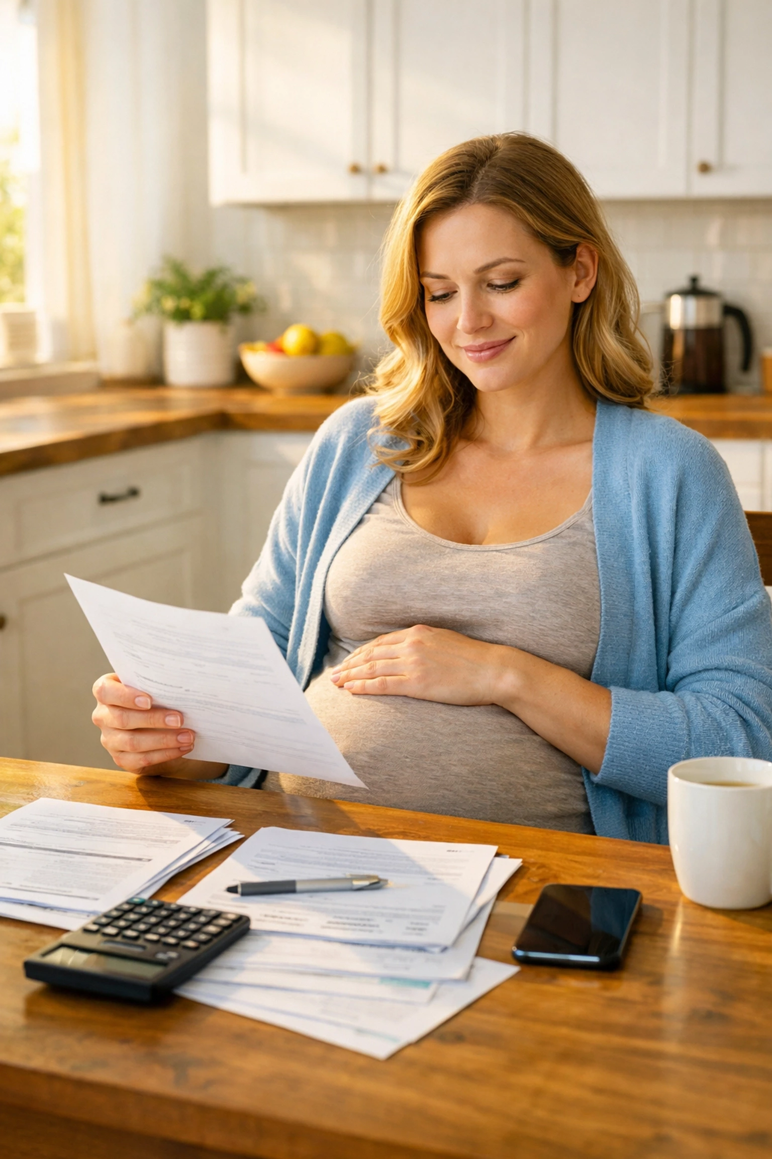 Surrogate reviewing financial documents showing insurance protection