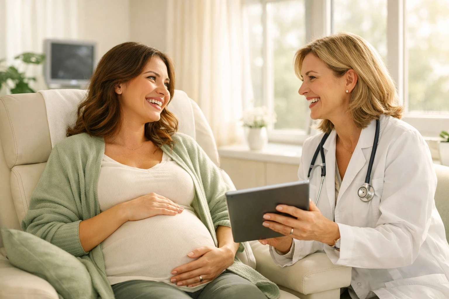 A Nevada surrogate and her doctor reviewing maternity coverage during a prenatal visit.