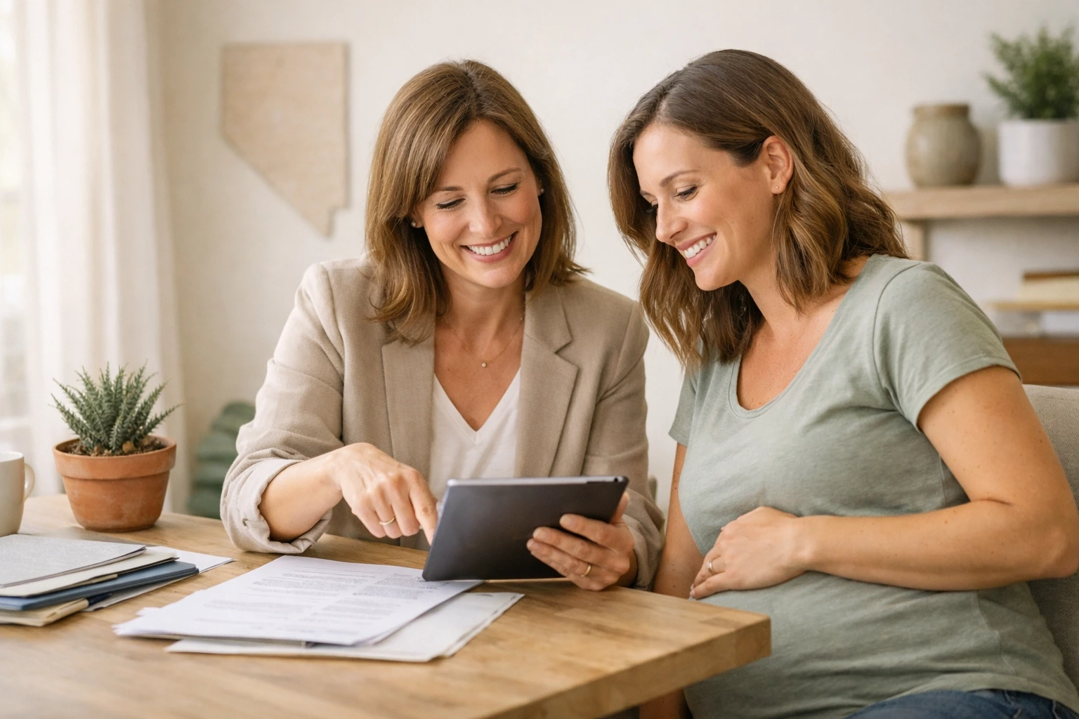 Nevada Surrogate reviewing escrow and medical bill coverage with a coordinator in a bright office.