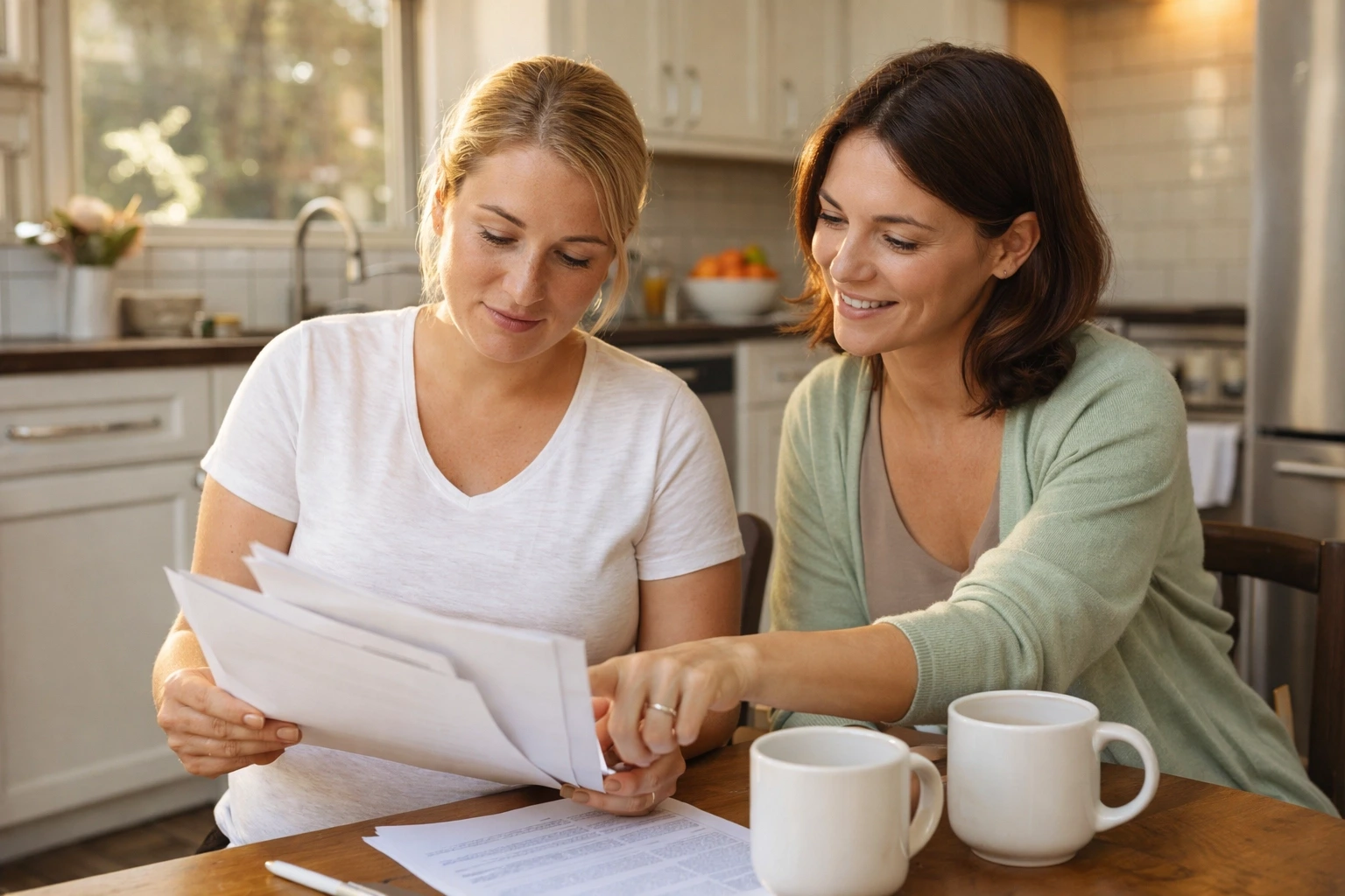 A Surrogate reviewing paperwork with a supportive coordinator at a kitchen table, highlighting the importance of watching for legal red flags.