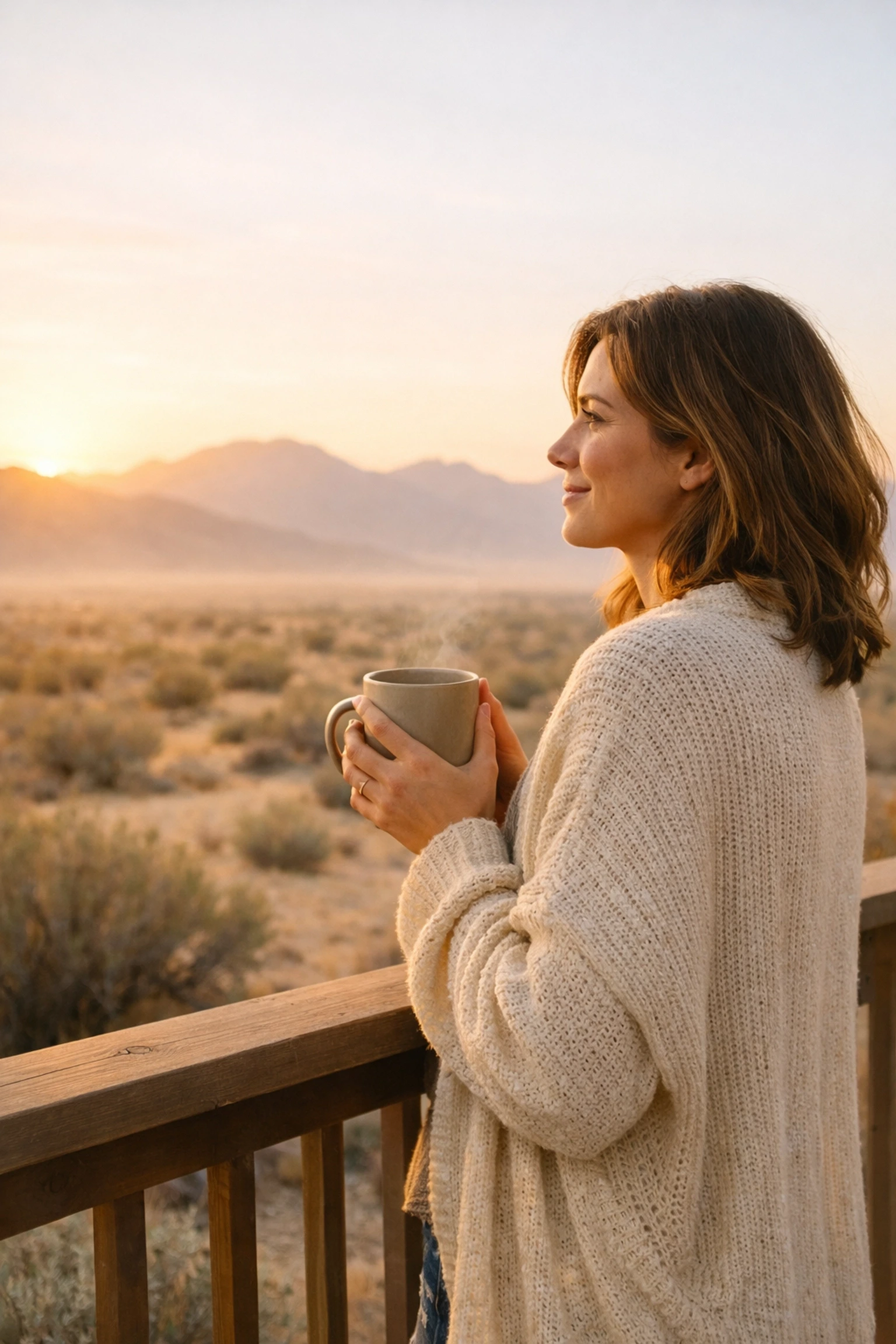 A woman smiling at a Nevada sunrise, symbolizing the beginning of the Nevada surrogacy timeline.