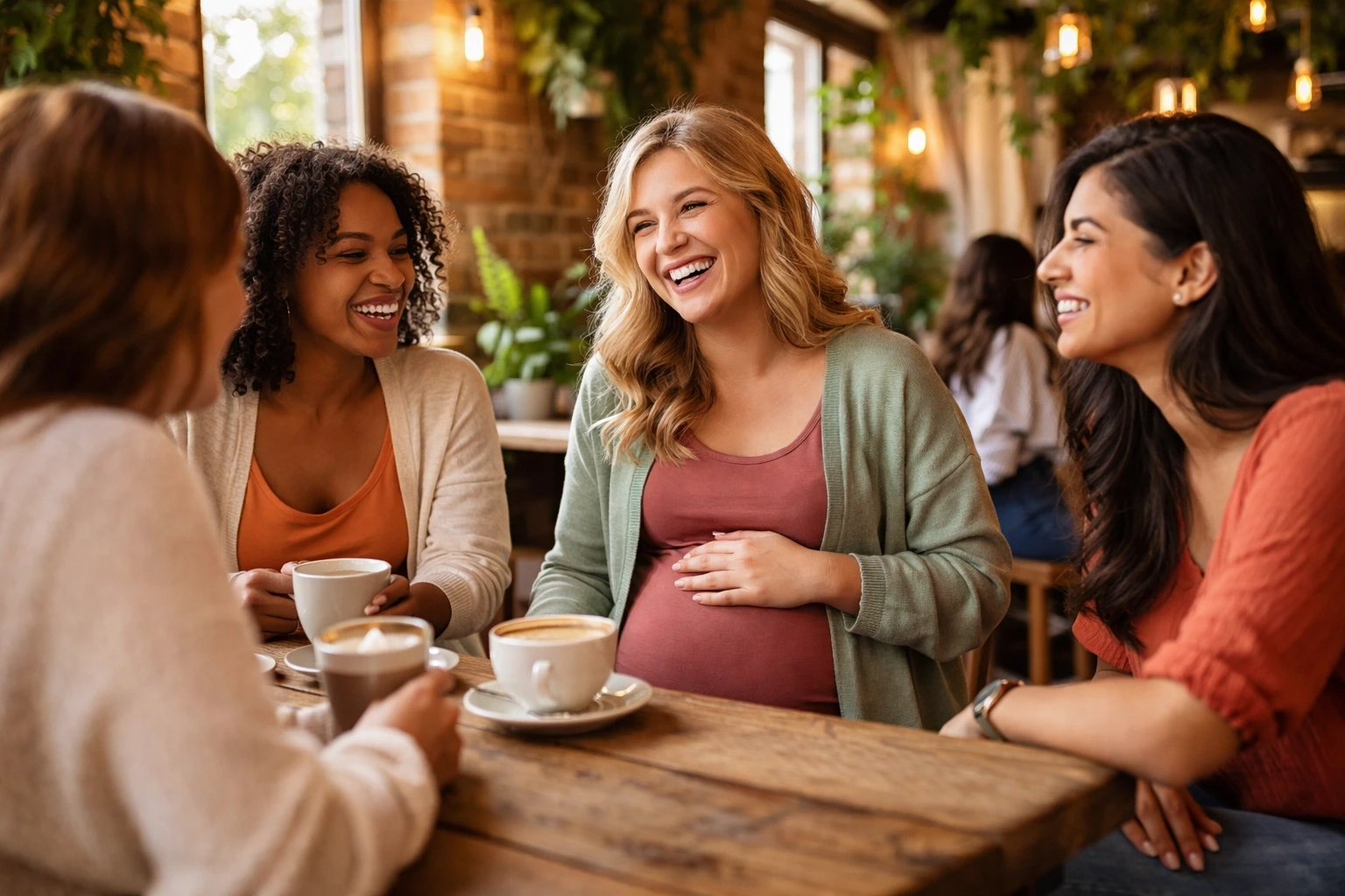 Pregnant surrogate sharing support and conversation with friends at a Colorado café, highlighting community care.