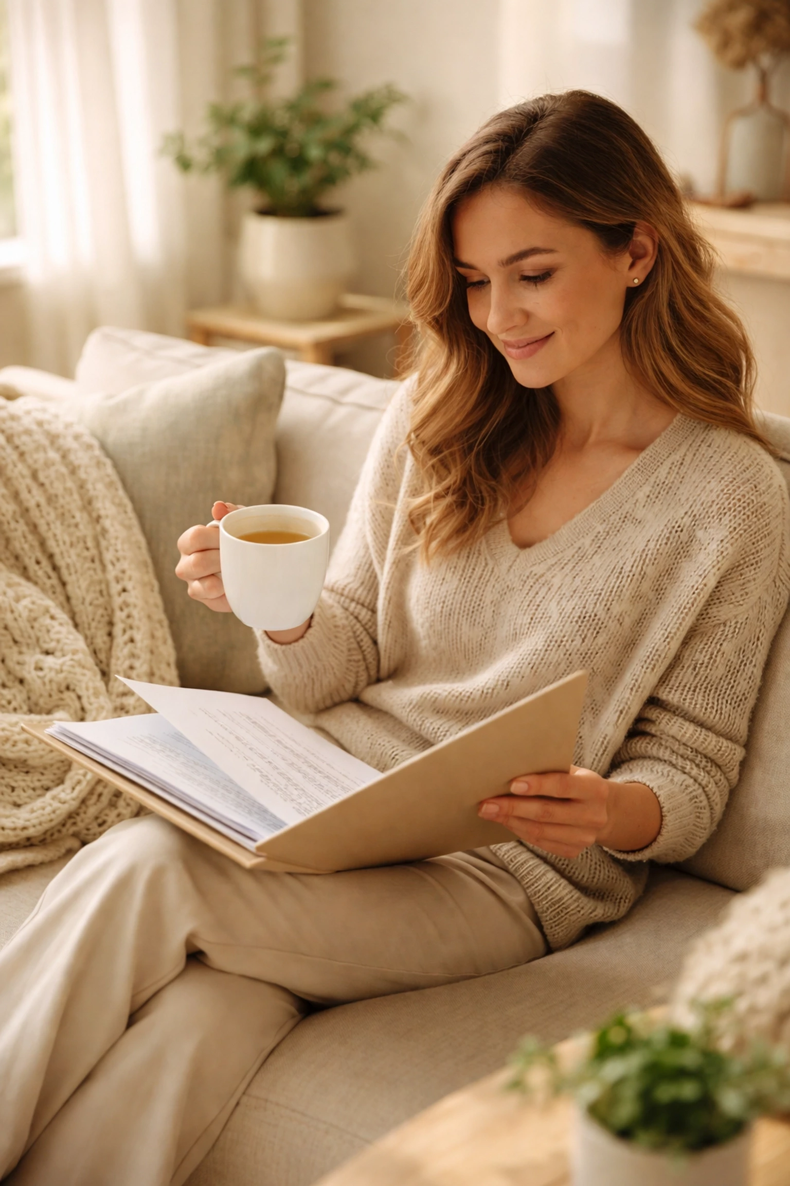 An Oregon woman reviews surrogacy insurance documents at home, feeling confident and informed about health coverage options.
