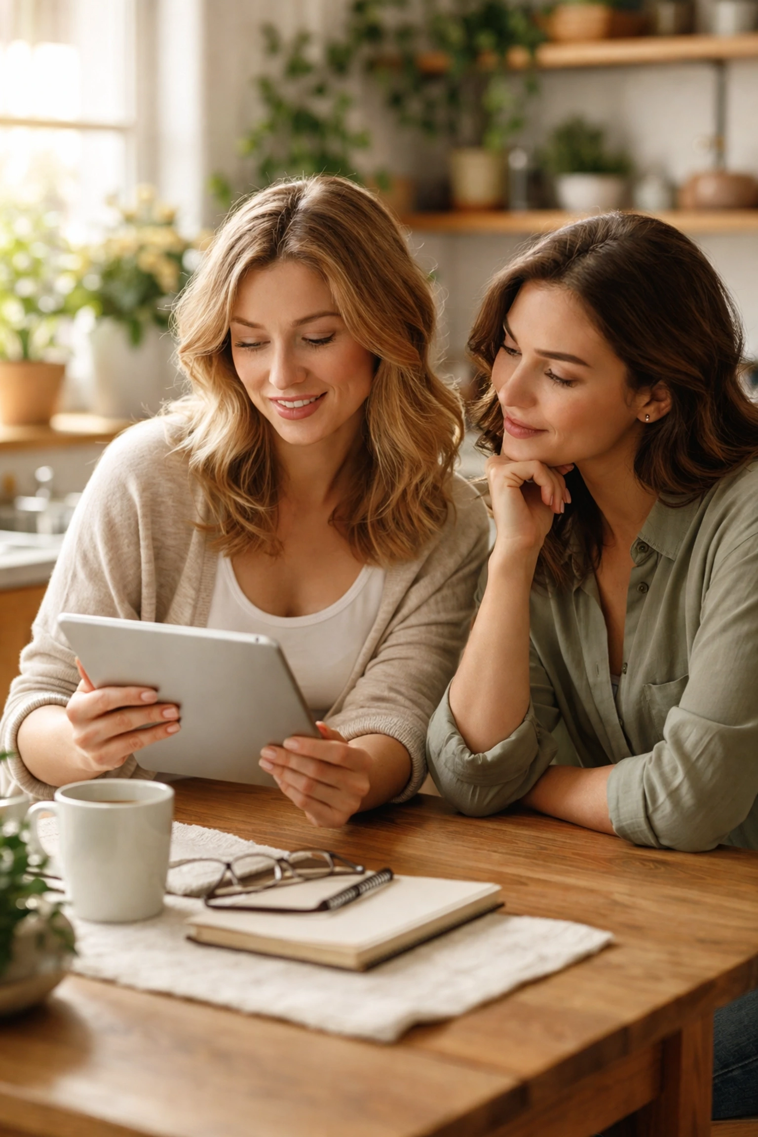 Two women discussing Oregon surrogacy myths at a cozy kitchen table, learning accurate information.