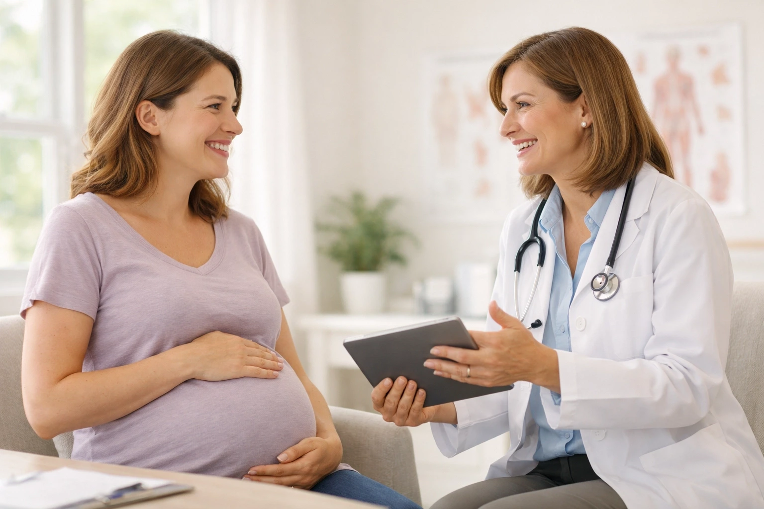 Pregnant surrogate consulting with doctor about medical decisions in Minnesota