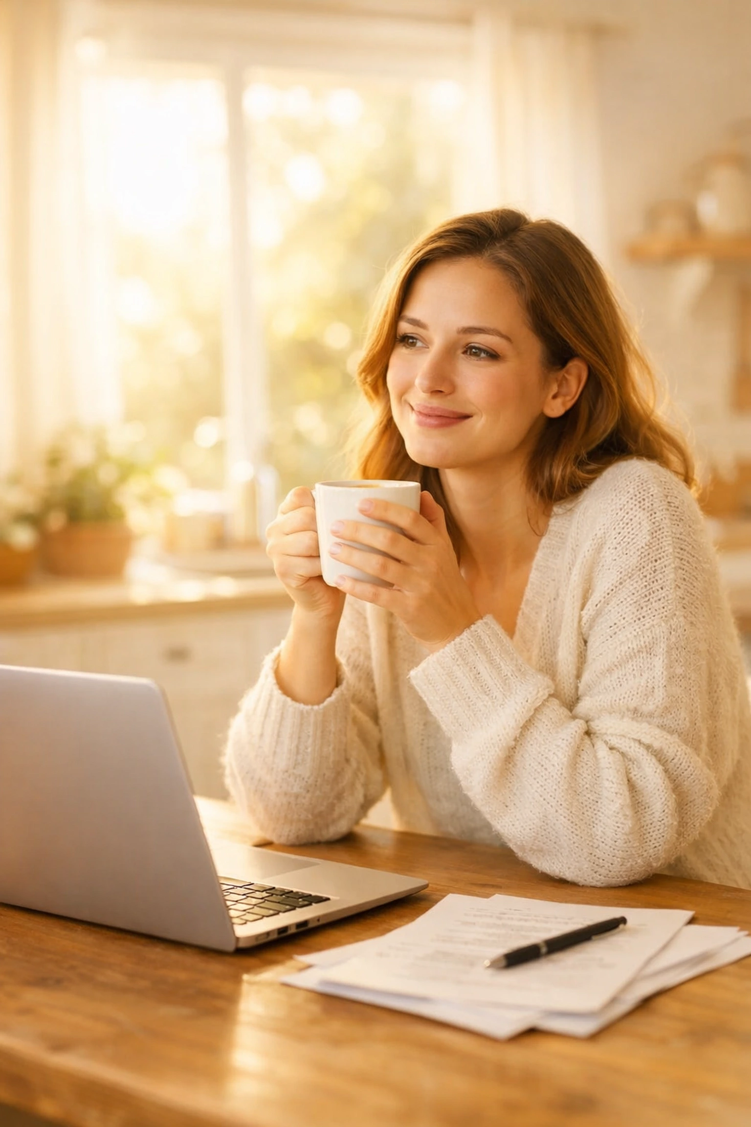 Woman completing Minnesota surrogate application at home with laptop and paperwork