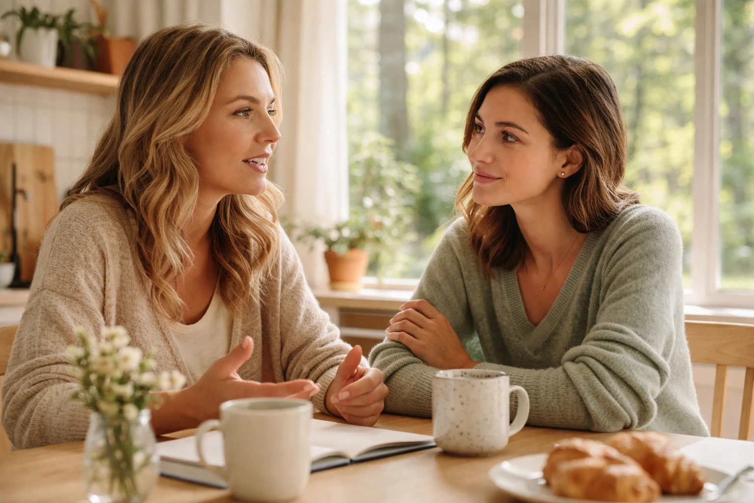 Two women discussing Oregon surrogacy laws at a kitchen table, illustrating support and legal protection for Surrogates.