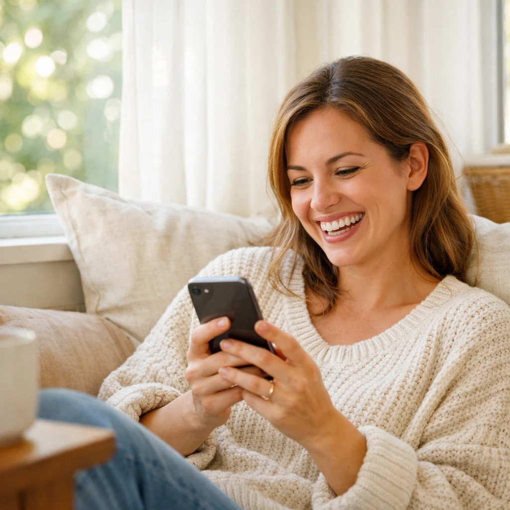 A happy woman in Maryland smiling at her phone, celebrating a match during her surrogacy journey.