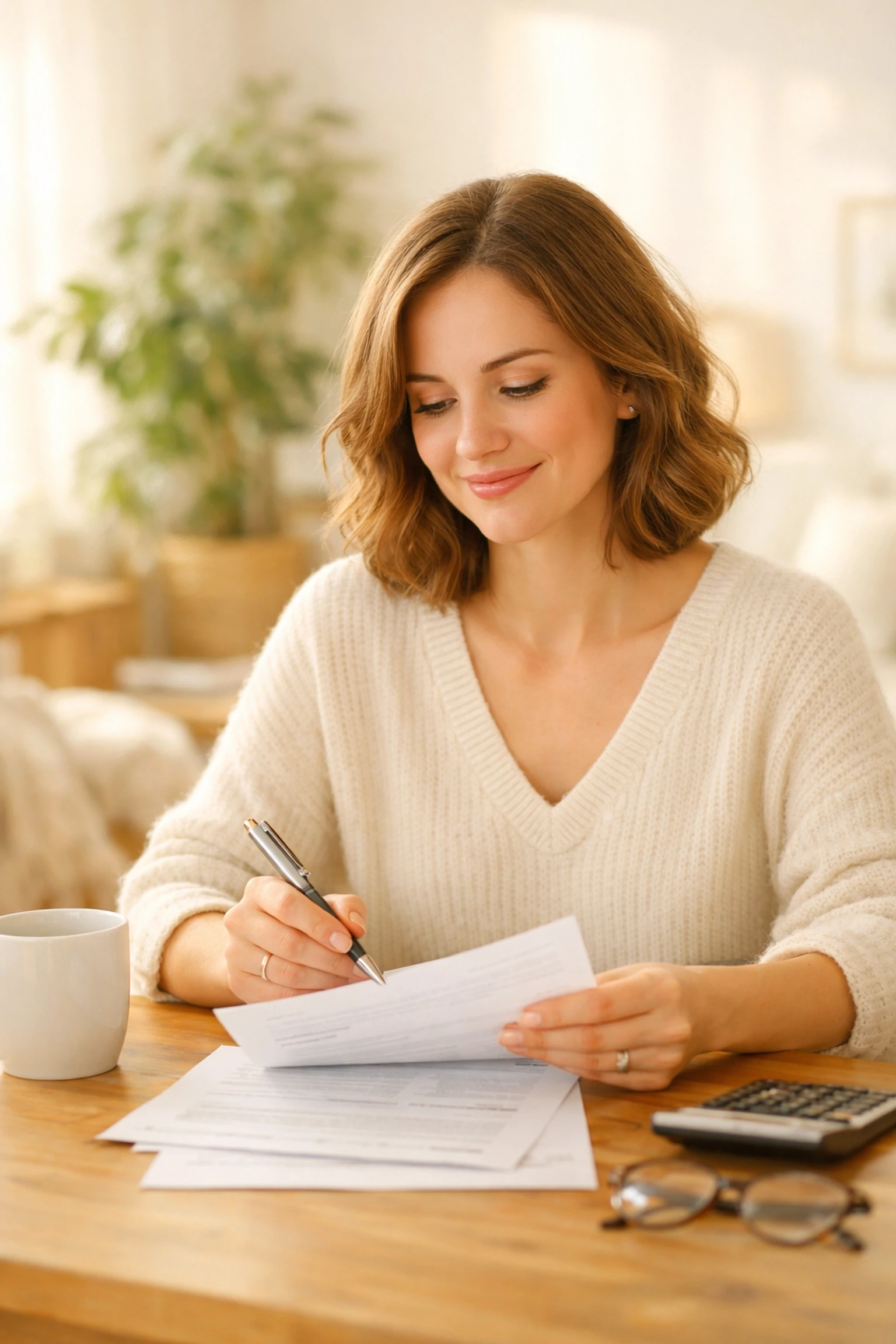 A smiling Maryland surrogate reviewing her compensation agreement and legal documents in a bright home office.