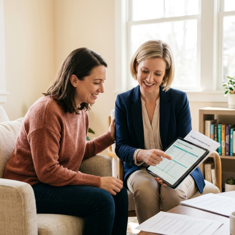 Prospective Surrogate reviewing compensation details with a surrogacy advisor.