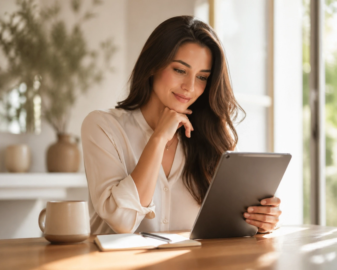 Reviewing a Surrogate Compensation Package Prospective Surrogate reviewing compensation information on a tablet.