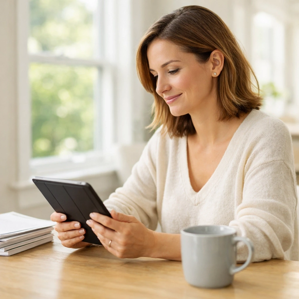 A woman in Connecticut reviews surrogate screening documents on a tablet, starting her surrogacy timeline journey.