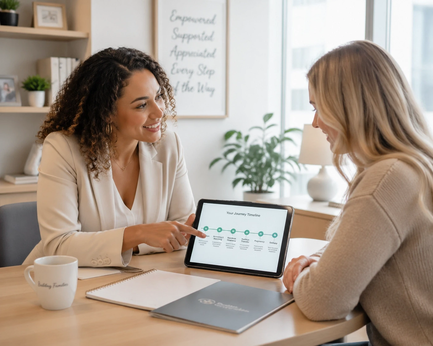 Surrogate meeting with an agency professional to discuss communication and journey support.